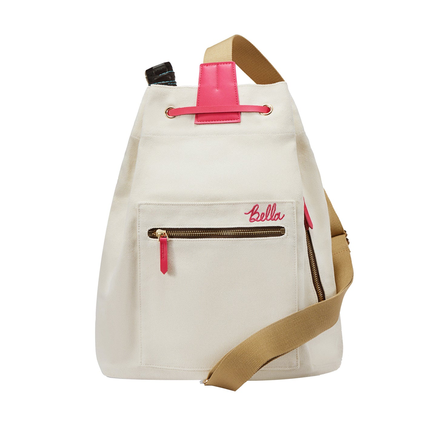 The PB Neon Diva Pink Pickleball Drawstring Bag by Pickleball Bella features cream canvas, a tan adjustable strap, front zippered pocket with pink pull, pink leather accents, “bella” embroidery in pink, gold grommets, and a sporty peek inside.