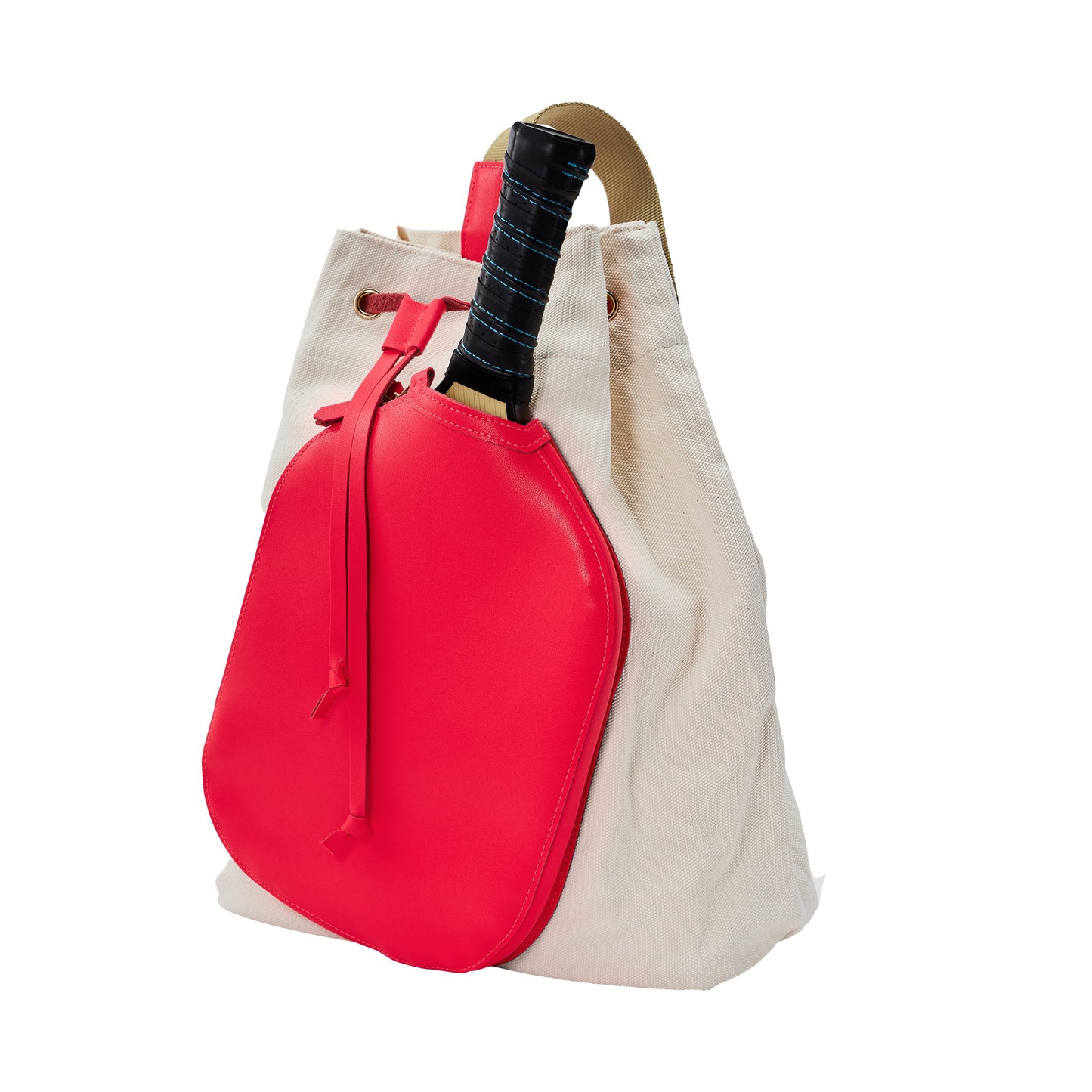 The Pickleball Bella PB Neon Diva Pink Pickleball Drawstring Bag stands upright on a white background, with its black-gripped racket handle peeking out the top and featuring a front pocket shaped like a red tennis racket cover.