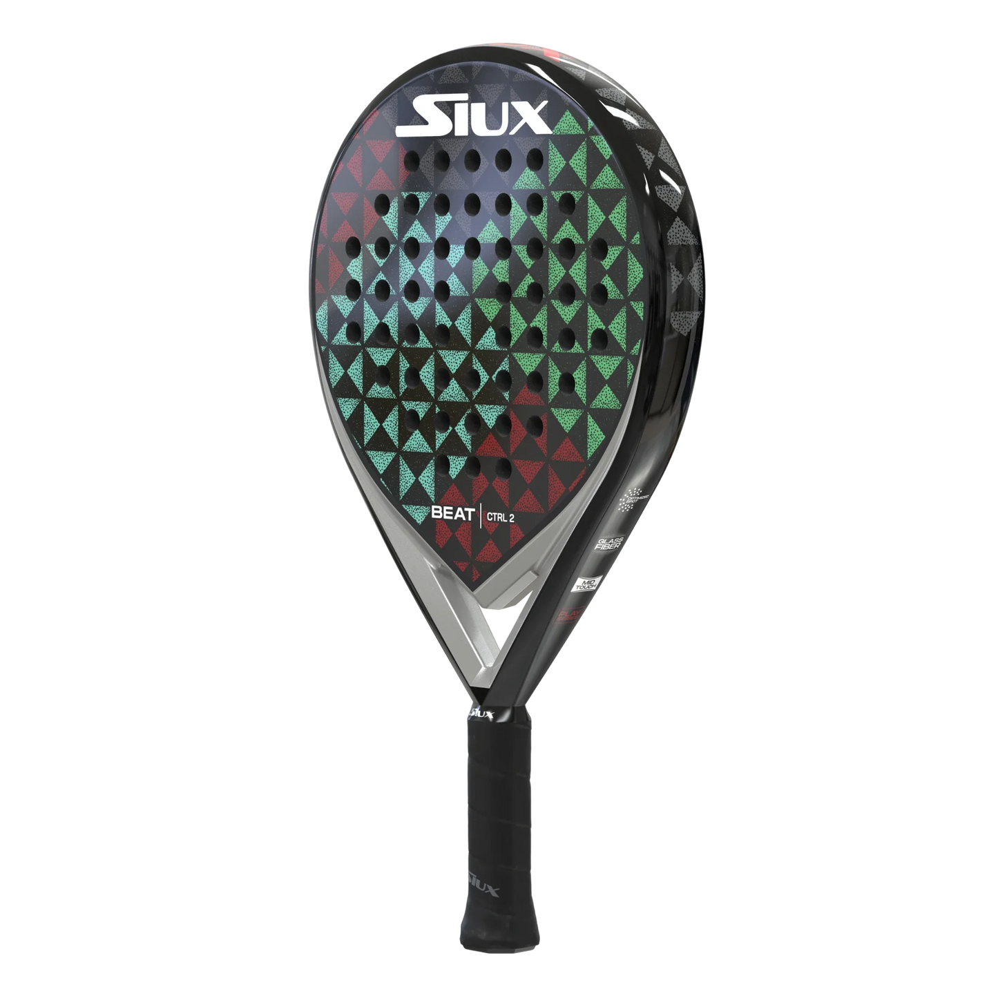 The Siux Beat Control 2 by Padel USA features a black frame, green and red geometric triangles on the face, a black grip handle, and logos on the top and lower face—ideal as a beginner padel racket.