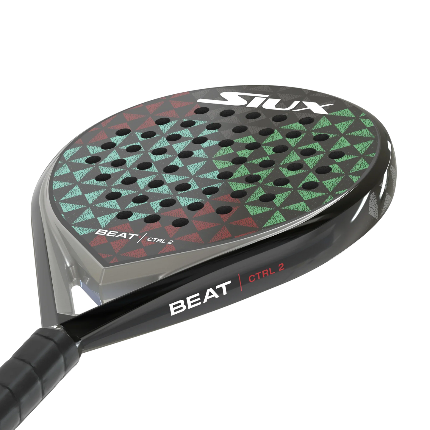 A close-up of the Siux Beat Control 2 by Padel USA shows its black frame, red and green geometric design with round perforations, BEAT CTRL 2 text on the side, and a black grip. Ideal beginner padel racket.