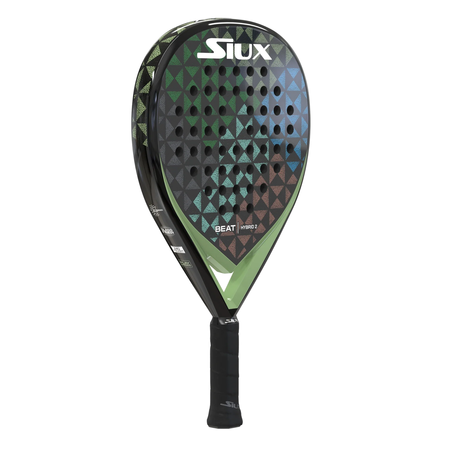 The Siux Beat Hybrid 2 padel racket from Padel USA features a teardrop shape, black grip, and a face with green, blue, and copper triangles—delivering hybrid control and power for beginners seeking versatility.