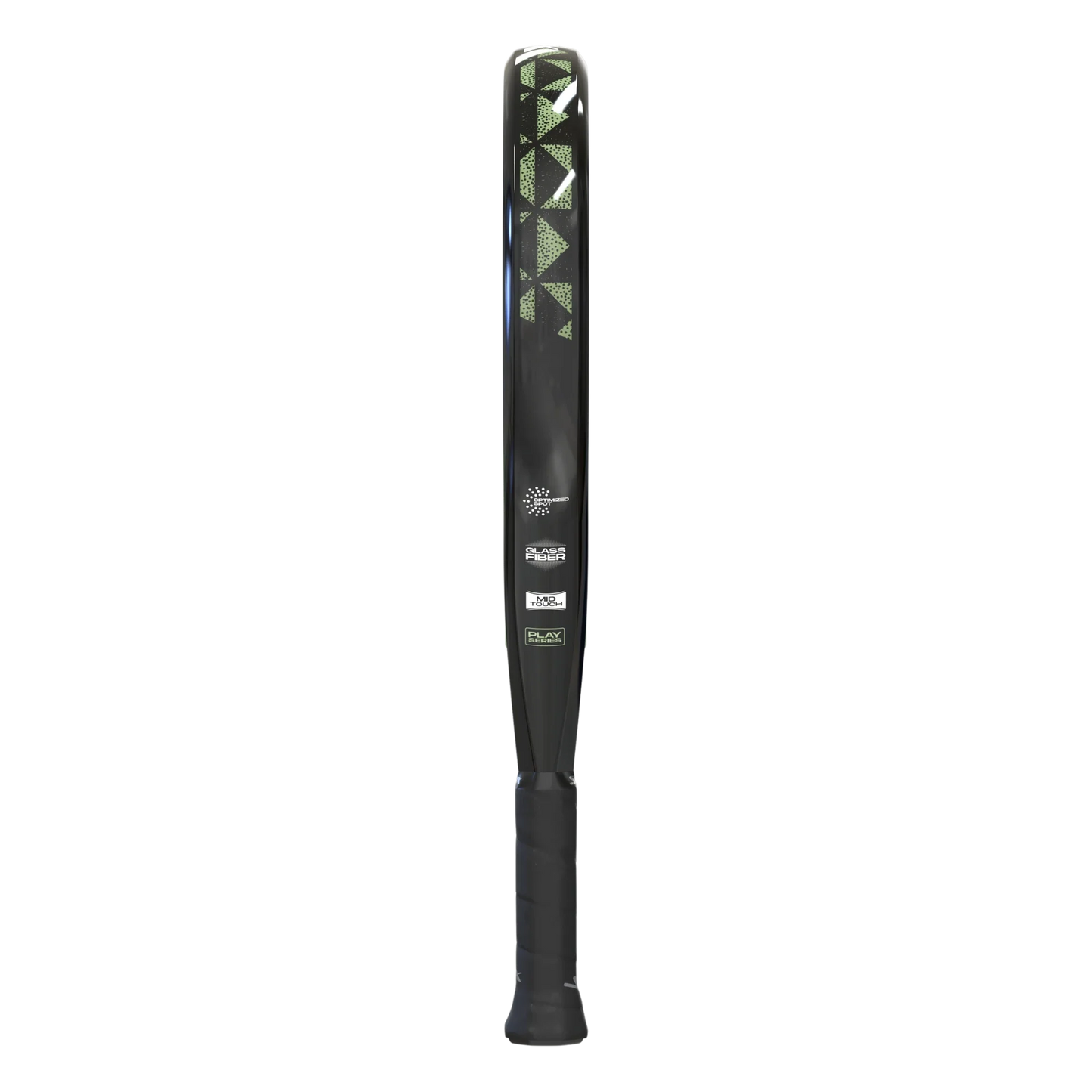 The Siux Beat Hybrid 2 by Padel USA features a black barrel with a textured grip, geometric green and silver accents, and white branding, offering versatile control and power. Displayed vertically against a plain white background.