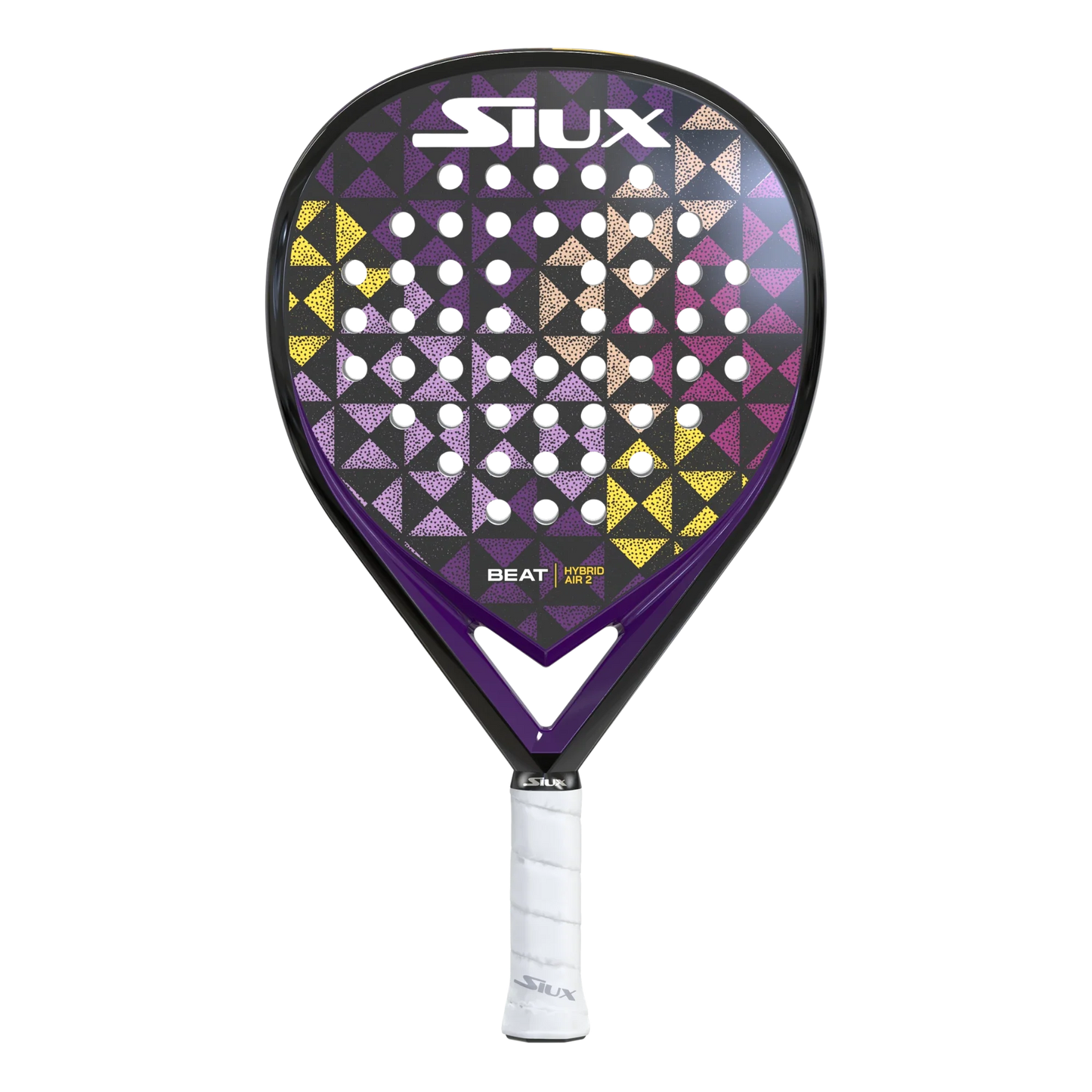 The Siux Beat Hybrid Air 2 by Padel USA is a women’s padel racket with a rounded teardrop shape, vibrant geometric designs on the face, circular holes, white grip tape on the handle, and the Siux logo at both ends.