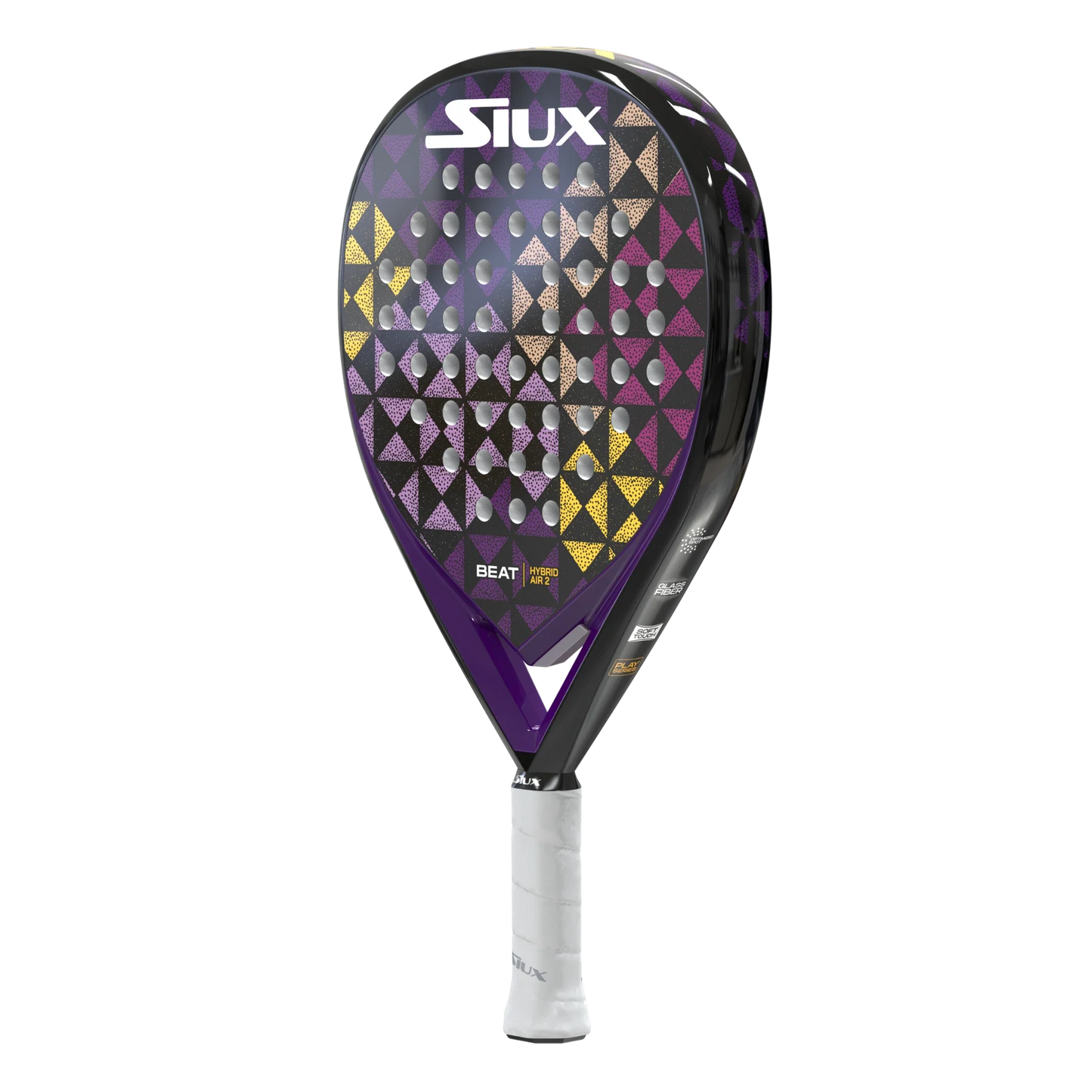 The Siux Beat Hybrid Air 2 from Padel USA features a black, purple, and yellow triangle pattern with bold white Siux branding. With its white grip tape and lightweight design, it’s ideal for beginners.