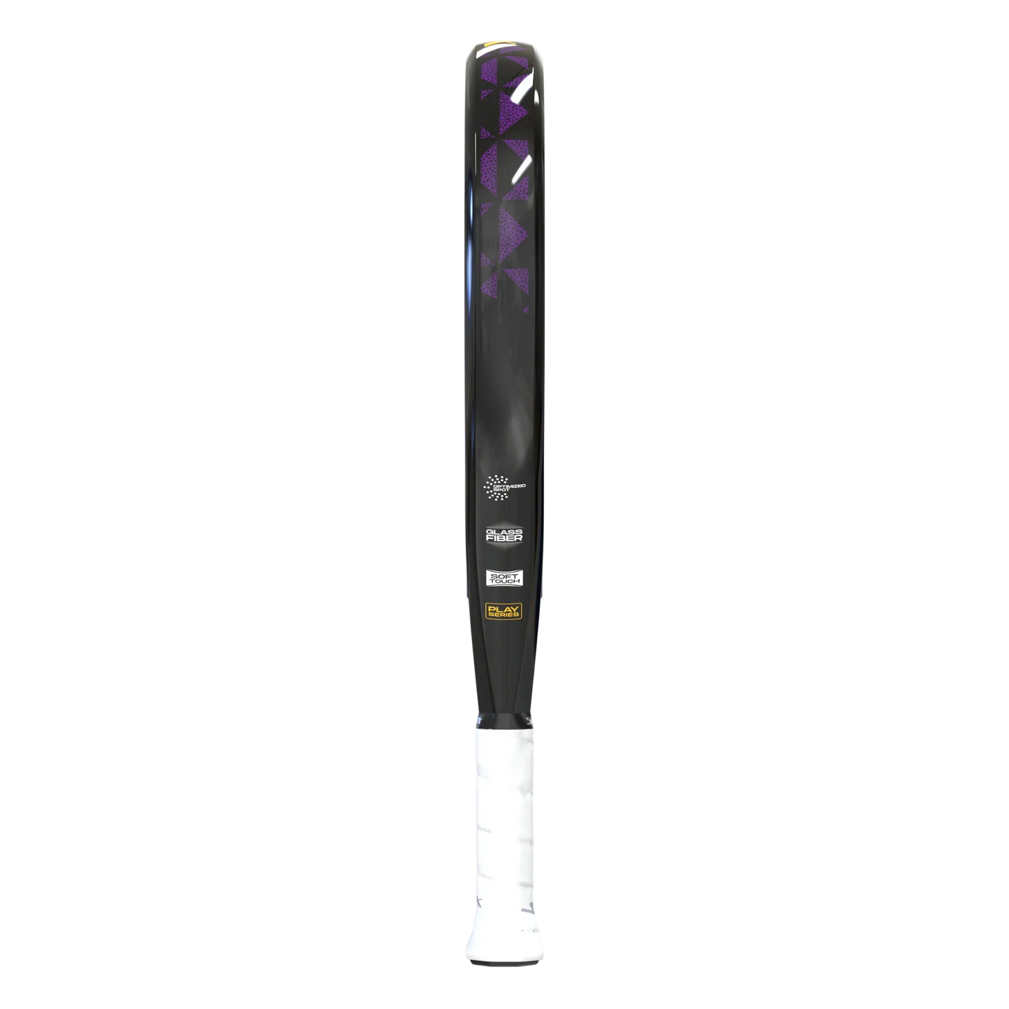 A black cricket bat with a glossy finish and purple geometric accents, resembling the Siux Beat Hybrid Air 2 by Padel USA, features multiple logos and a white grip tape handle, standing upright against a white background.