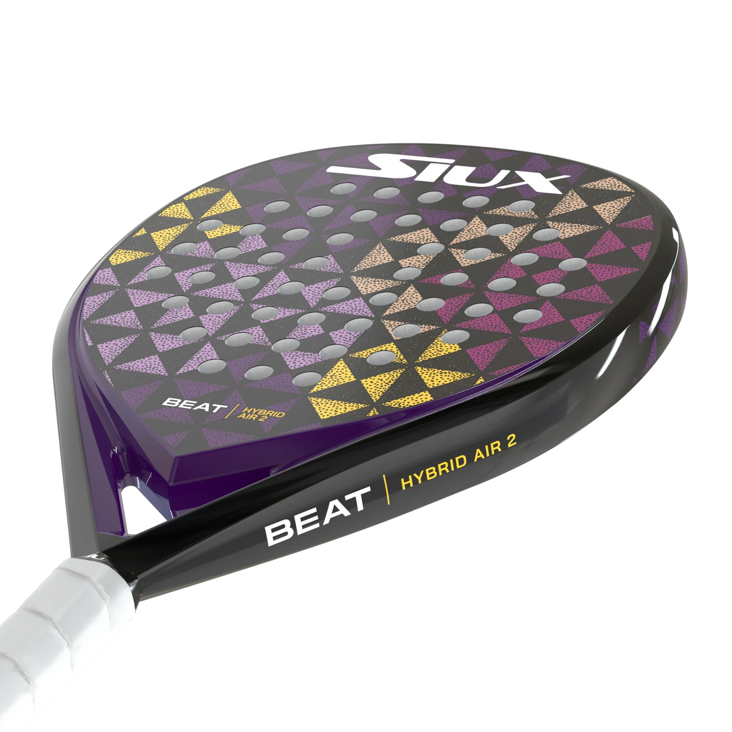 A close-up of the Siux Beat Hybrid Air 2 women's padel racket by Padel USA, highlighting its detailed features.