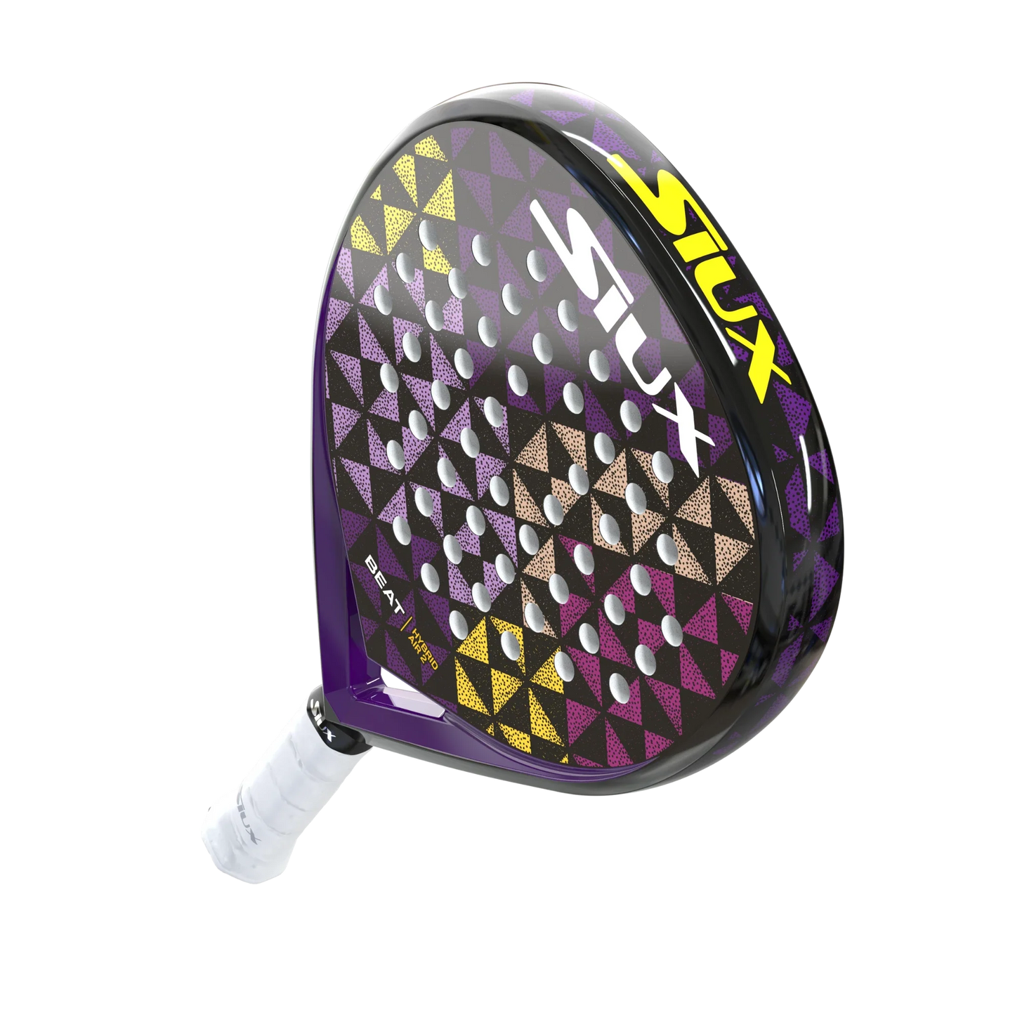 The Siux Beat Hybrid Air 2 by Padel USA is a beginner women’s padel racket with a white grip, mostly black face, and geometric yellow, purple, brown, and beige accents. The bold Siux logo appears in white on the face and yellow on the edge.