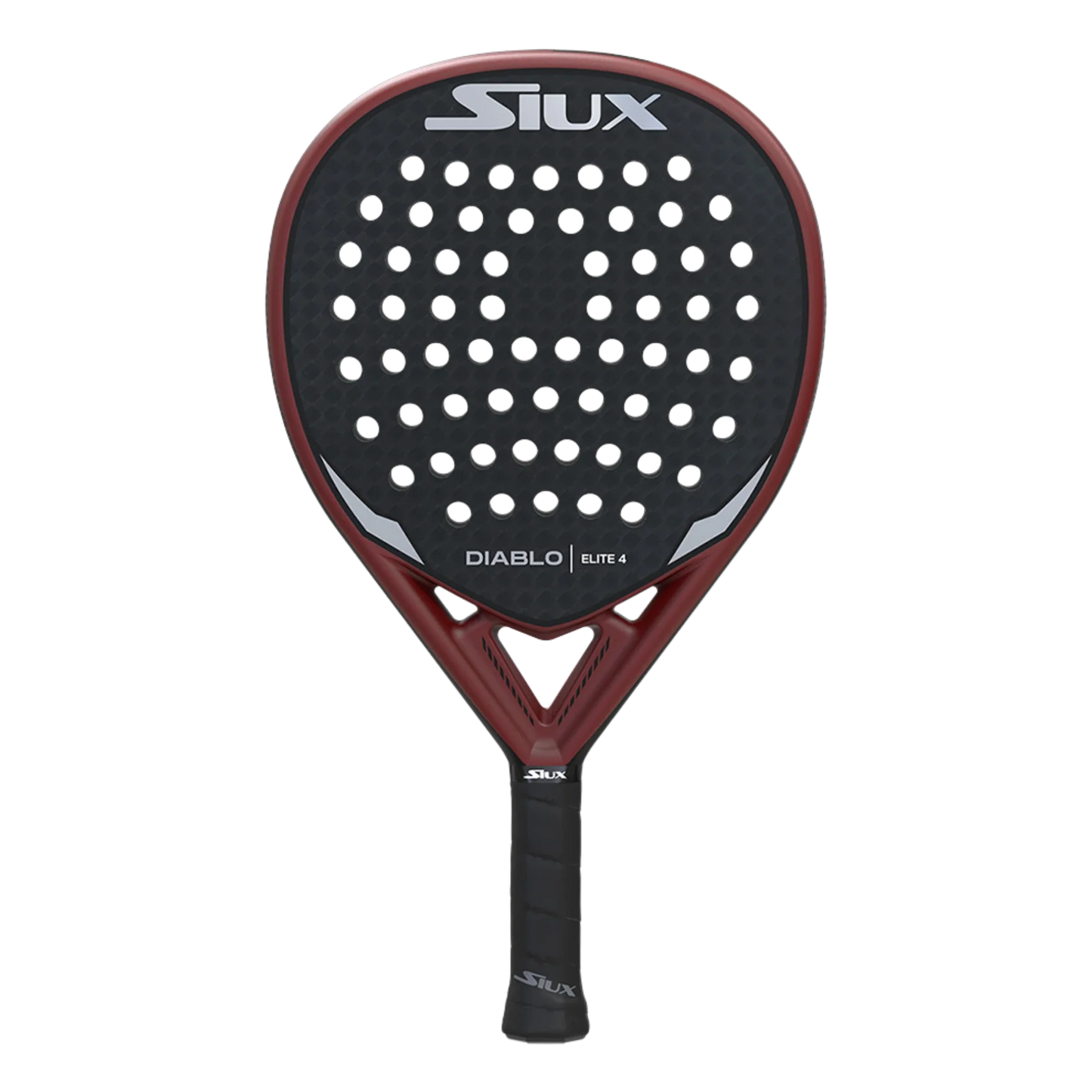 The Siux Diablo Elite 4 from Padel USA is a teardrop-shaped padel racket with a black face, white circular holes, dark red frame, and durable 12K carbon surface—featuring the Siux logo and “DIABLO ELITE 4” text.