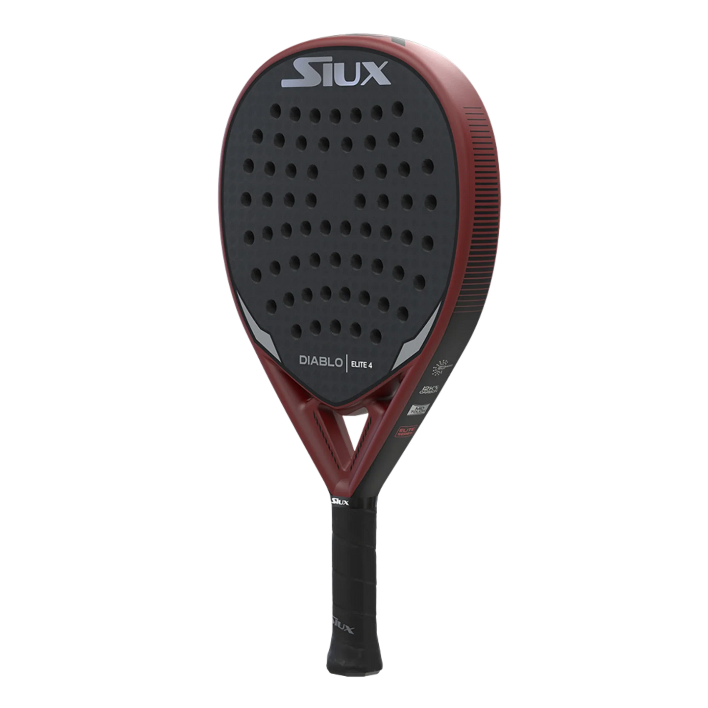 The Siux Diablo Elite 4 padel racket by Padel USA features a black and red matte finish, a durable 12K carbon surface, white “Siux” logo at the top, “Diablo Furia” near the throat, and a black grip tape on the handle.