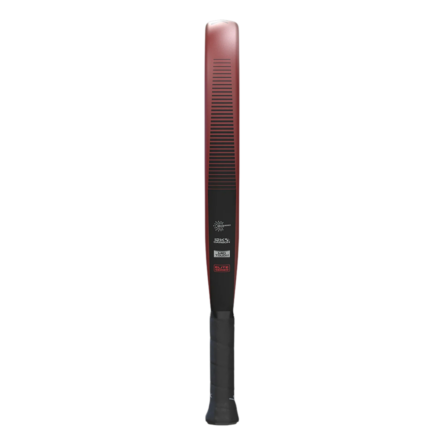 A metallic baseball bat with a dark red to black gradient, inspired by the Siux Diablo Elite 4 padel racket from Padel USA. Its handle is wrapped in black grip tape with horizontal grooves and displays white and red logos along its length.