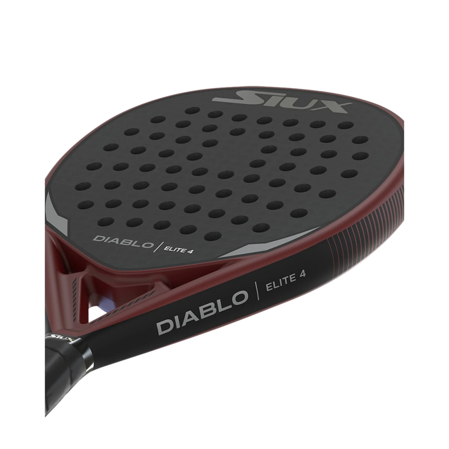 A close-up of the Siux Diablo Elite 4 padel racket by Padel USA, showing its matte black 12K carbon surface, evenly spaced circular holes, red and black frame, and white "DIABLO ELITE 4" branding on the side.