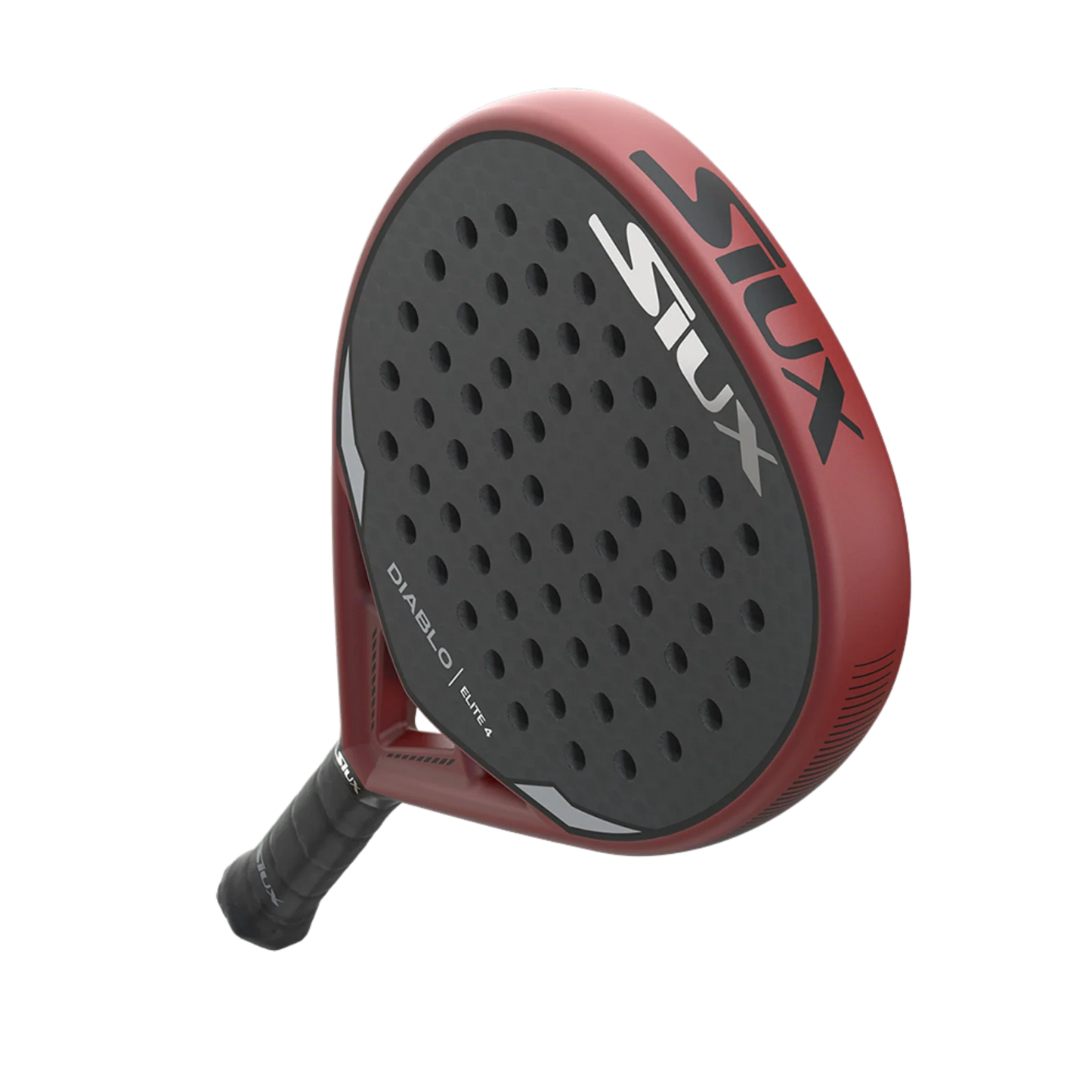The Siux Diablo Elite 4 by Padel USA is a black and red teardrop-shaped padel racket featuring a 12K carbon surface, perforated hitting area, bold branding, black grip tape on the handle, and the Diablo model label near the throat.