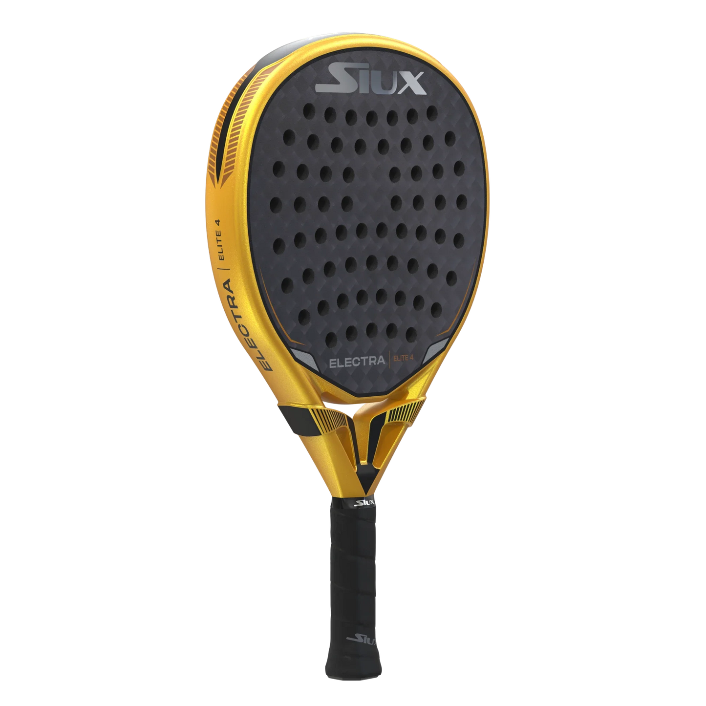 The Siux Electra Elite 4 padel racket by Padel USA is shown upright in black and yellow, featuring a perforated round face, textured 15K carbon surface, black handle grip, and visible branding on the head and throat.