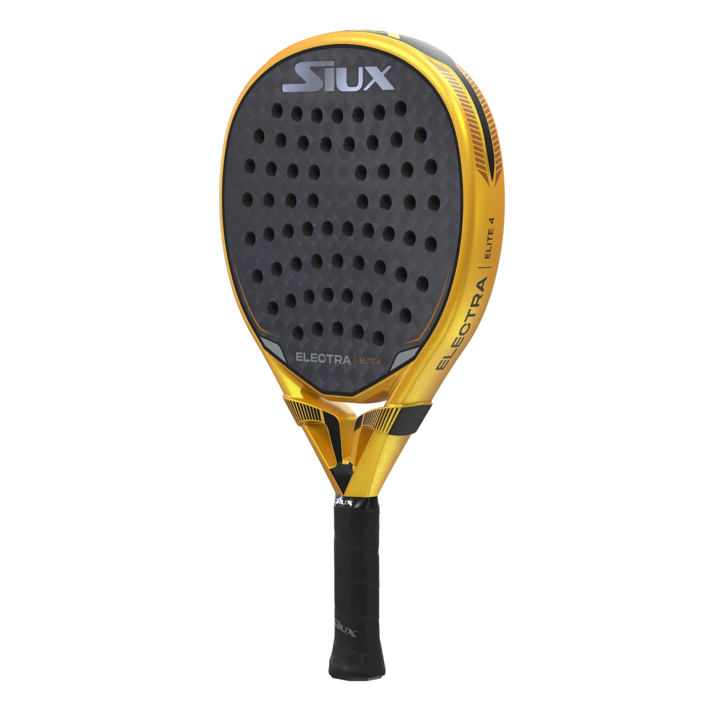 The Siux Electra Elite 4 by Padel USA is a yellow and black padel racket featuring a round, perforated face, black grip, gray branding, glossy frame with black accents, and a textured 15K carbon surface in a checkered pattern.