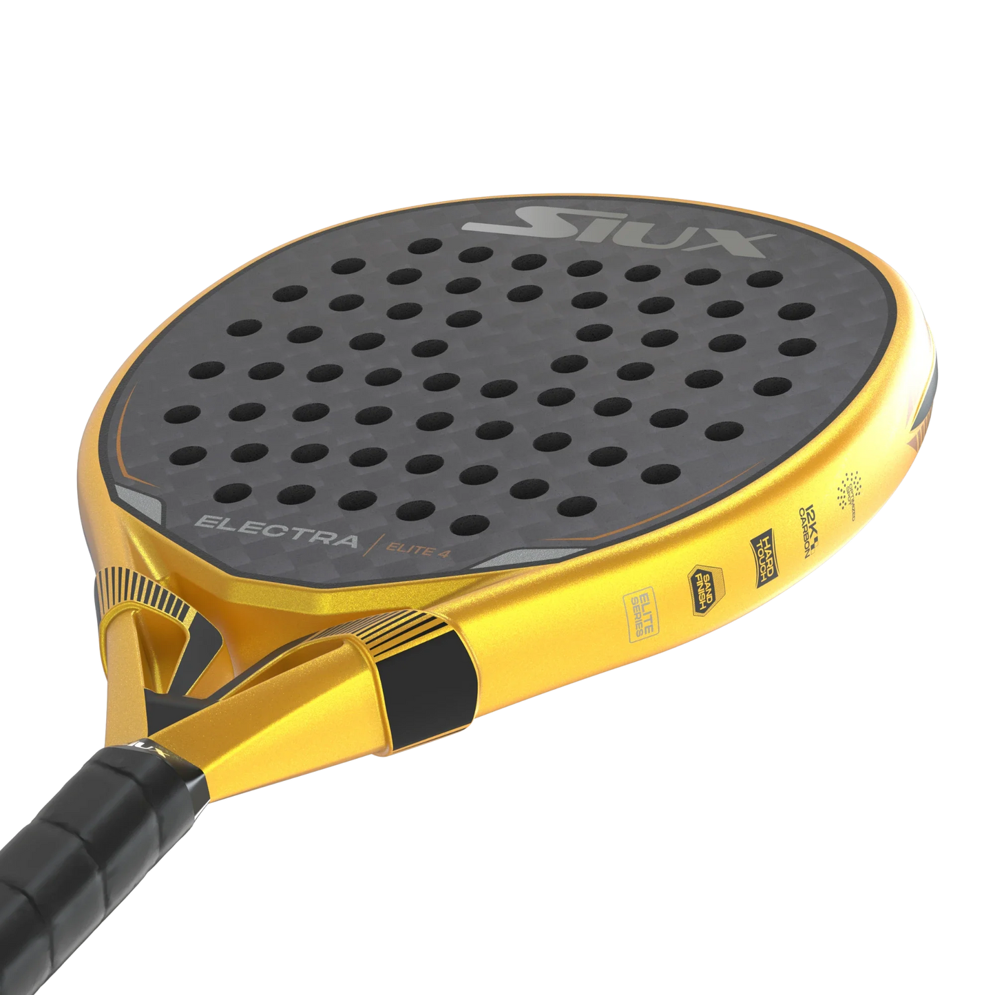 A close-up of a Siux Electra Elite 4 padel racket by Padel USA, featuring a golden-yellow frame, black handle, and black 15K carbon face with round perforations. Branding and sponsor logos are visible on the side and face, set against white.