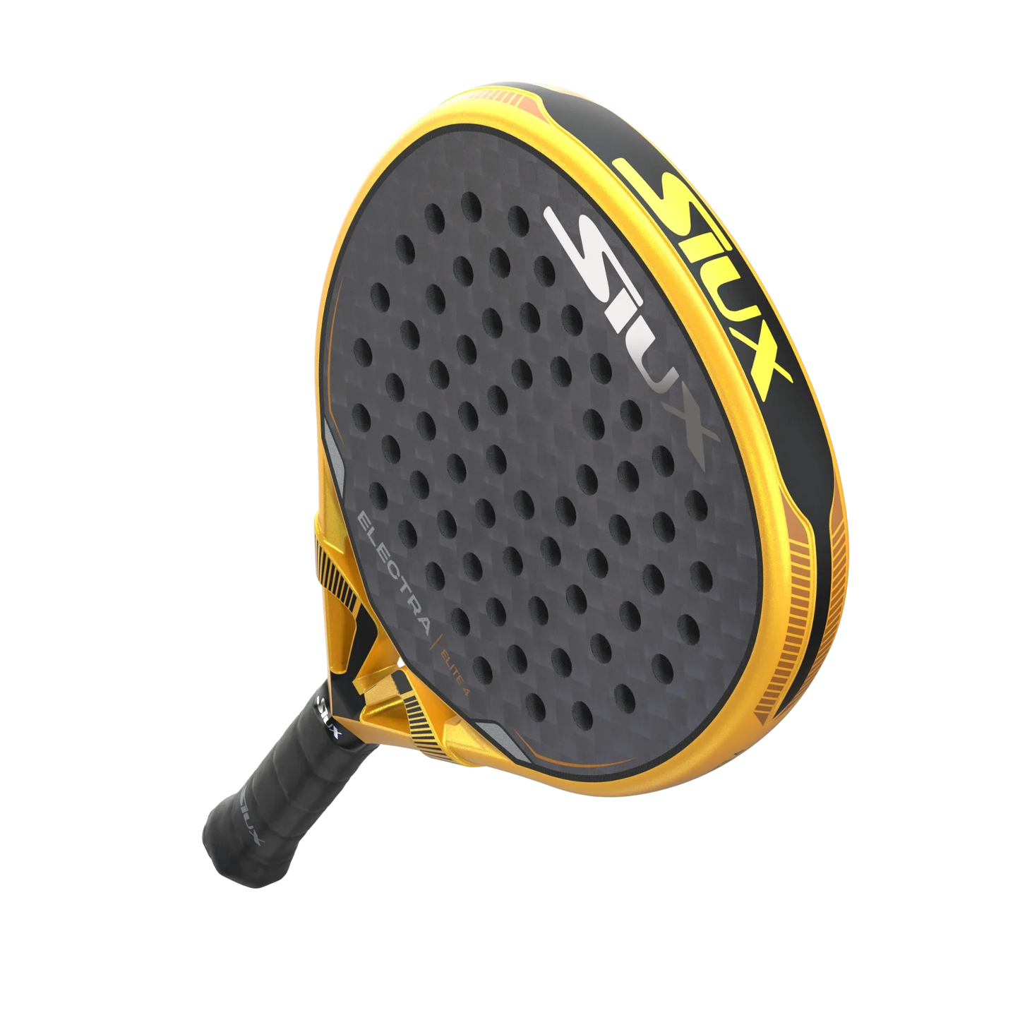A black and yellow Siux Electra Elite 4 padel racket by Padel USA, featuring a round shape, perforated 15K carbon surface, textured finish, and black grip tape handle, is shown against a plain white background.