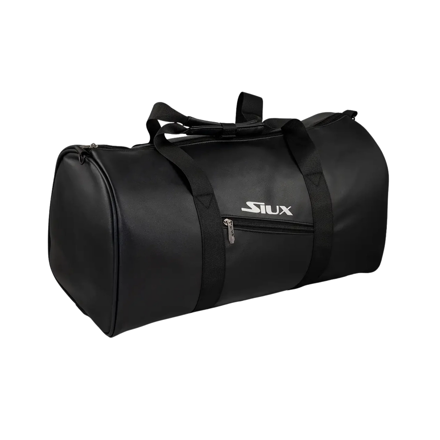 The Siux The King Bag Black from Padel USA is a premium sports duffel made of PU leather, with the Siux name in white, two black handles, a shoulder strap, and a front zippered pocket. Shown on a plain white background.