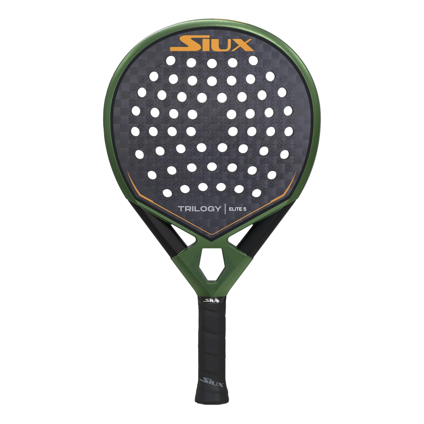 The Siux Trilogy Elite 5 by Padel USA showcases a rounded teardrop shape, black carbon surface, white holes, and green rim, offering control and precision. Stylish branding appears on the face for an elegant finish.