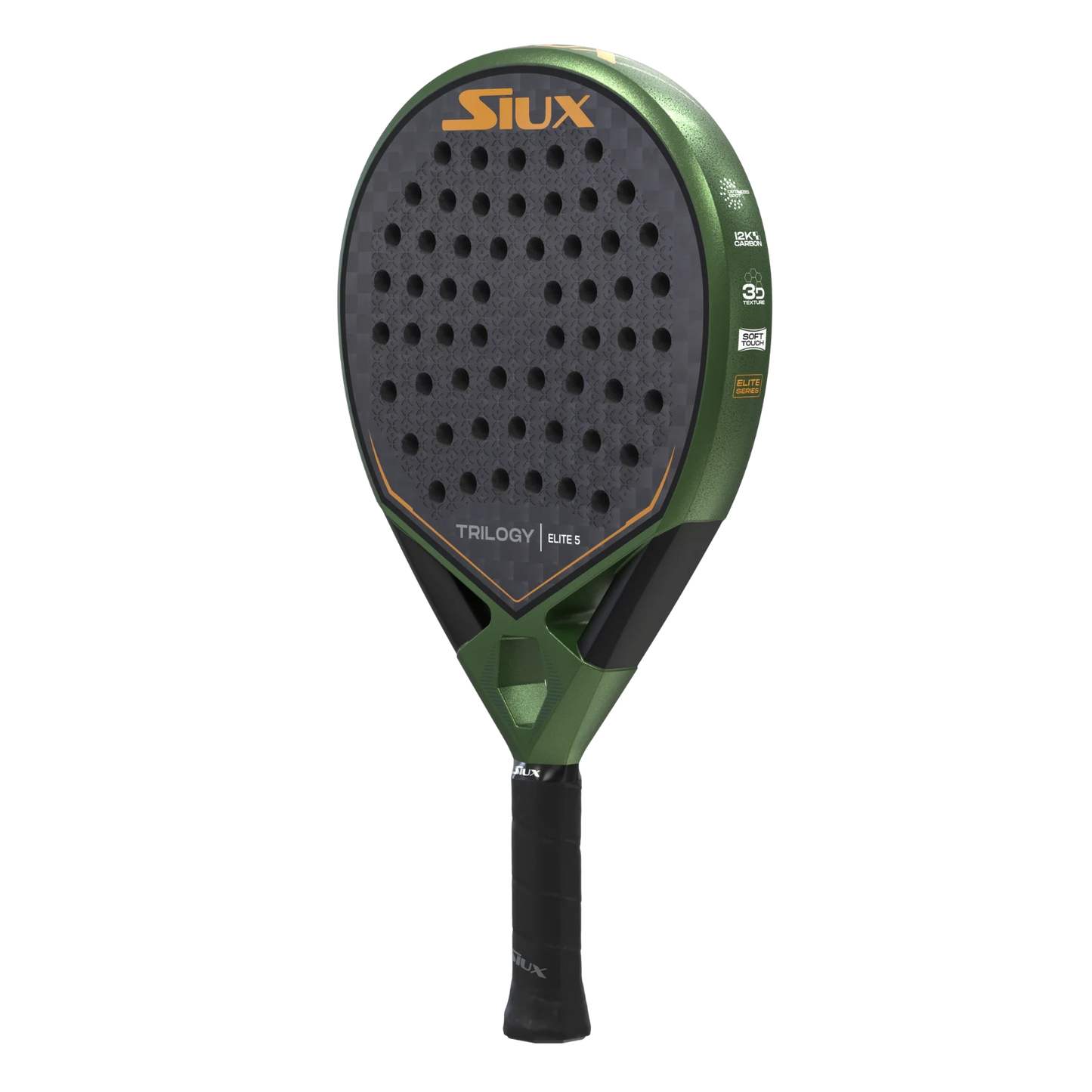 The Siux Trilogy Elite 5 by Padel USA features a green and black rounded design, black perforated surface, orange and white branding, and a logo-detailed black grip—crafted for control and precision on the padel court.