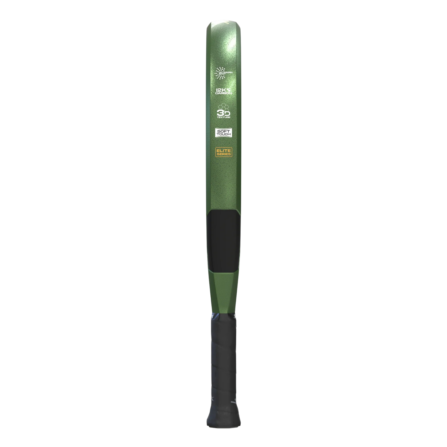 A metallic green baseball bat with a black grip and white and gold logos stands upright, its sleek design echoing the Siux Trilogy Elite 5 from Padel USA, all set against a plain light gray background.