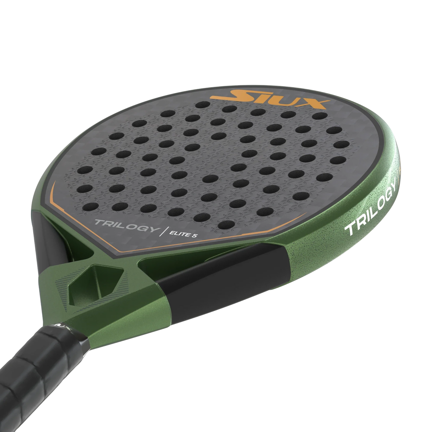 A close-up of the Siux Trilogy Elite 5 by Padel USA shows its green and black design, textured perforated face for control, and prominent “SIUX” and “TRILOGY ELITE S” branding in white and gold on a plain white background.
