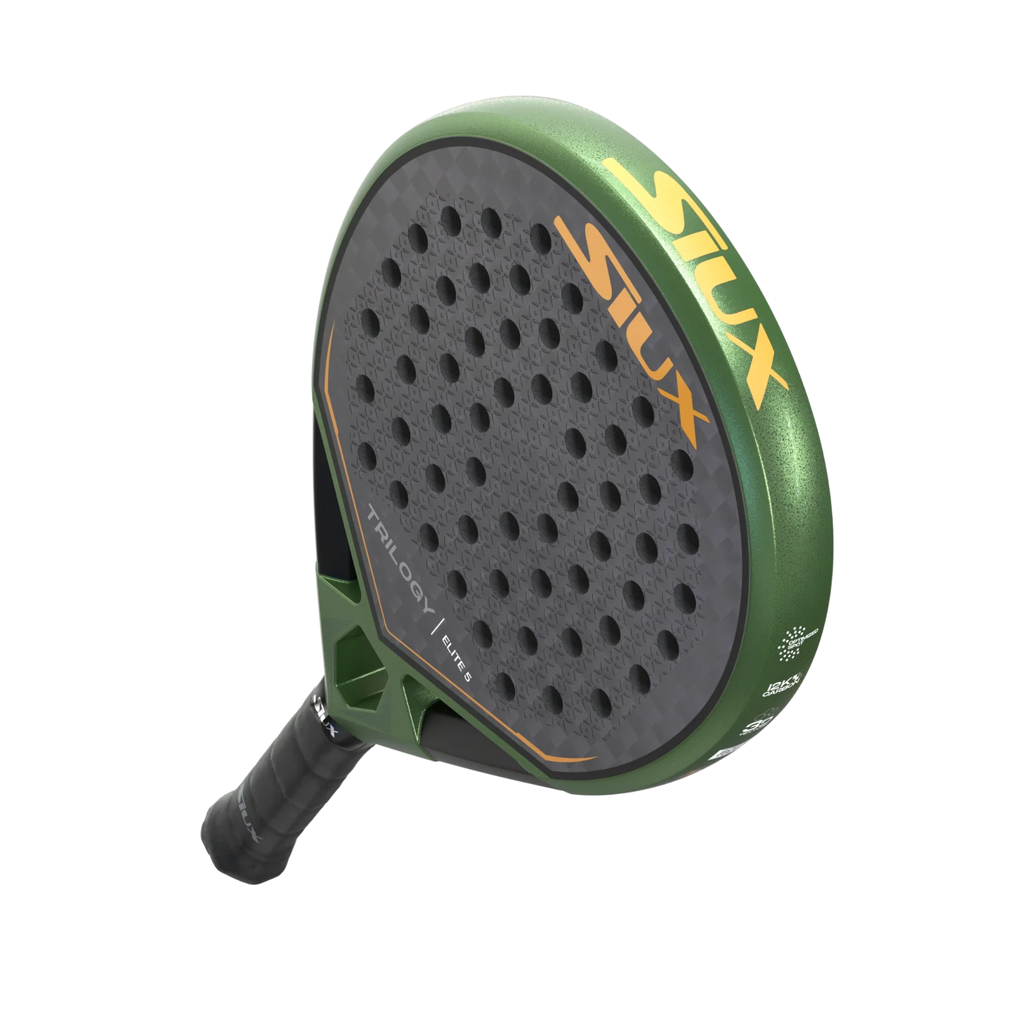 The Siux Trilogy Elite 5 padel racket from Padel USA features a green and black design, a perforated textured face for control, bold yellow “SIUX” lettering, “TRILOGY” and “11/100” near the handle, and a black grip.