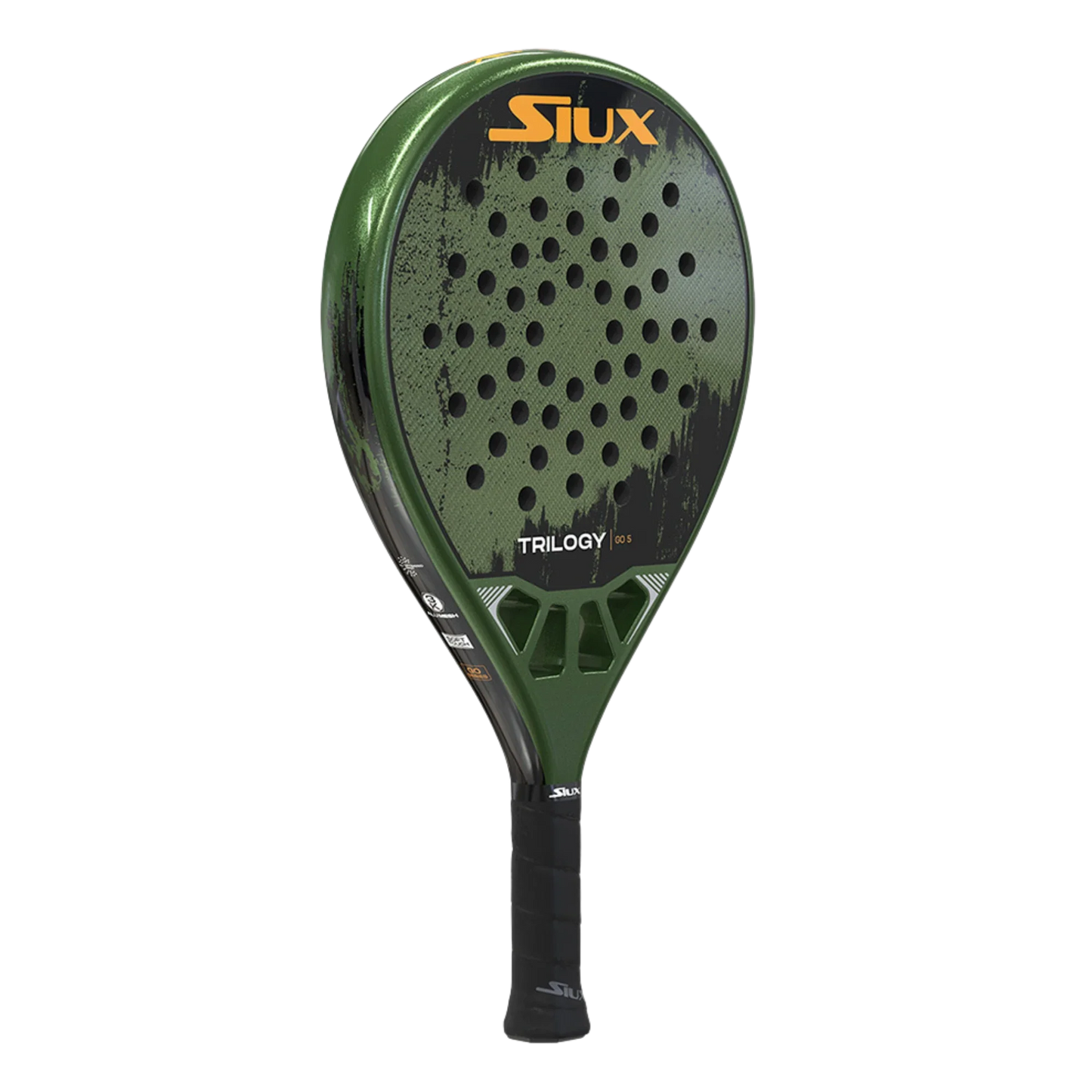 The Padel USA Siux Trilogy Go 5 is an upright green control padel racket with a black grip, black splatter pattern, multiple round holes on the face, and an orange Siux logo at the top, displayed on a white background.