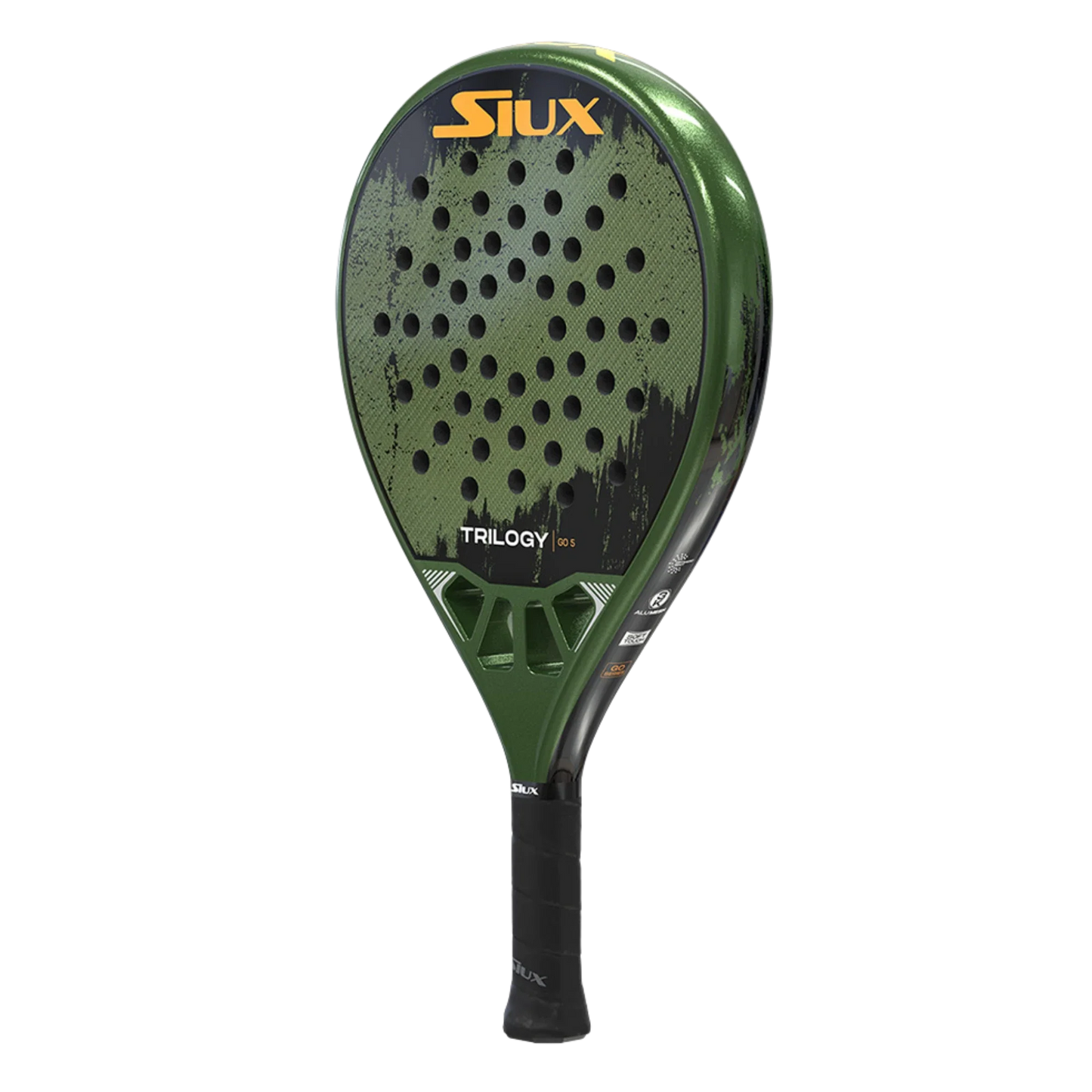 The Siux Trilogy Go 5 by Padel USA is a green control padel racket with black streaks, round holes, “SIUX” in yellow on top, and “TRILOGY 365” printed near the gripped black handle.