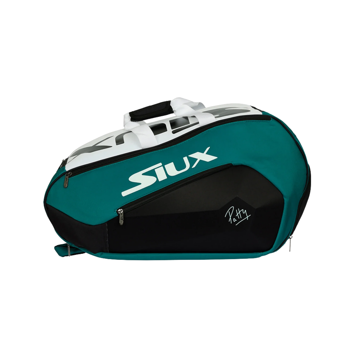 The Siux Trilogy SS24 Padel Bag from Padel USA offers durability and space in teal, black, and white, with a side zipper pocket and bold Siux logo plus P. Patty’s signature—perfect for passionate padel players.