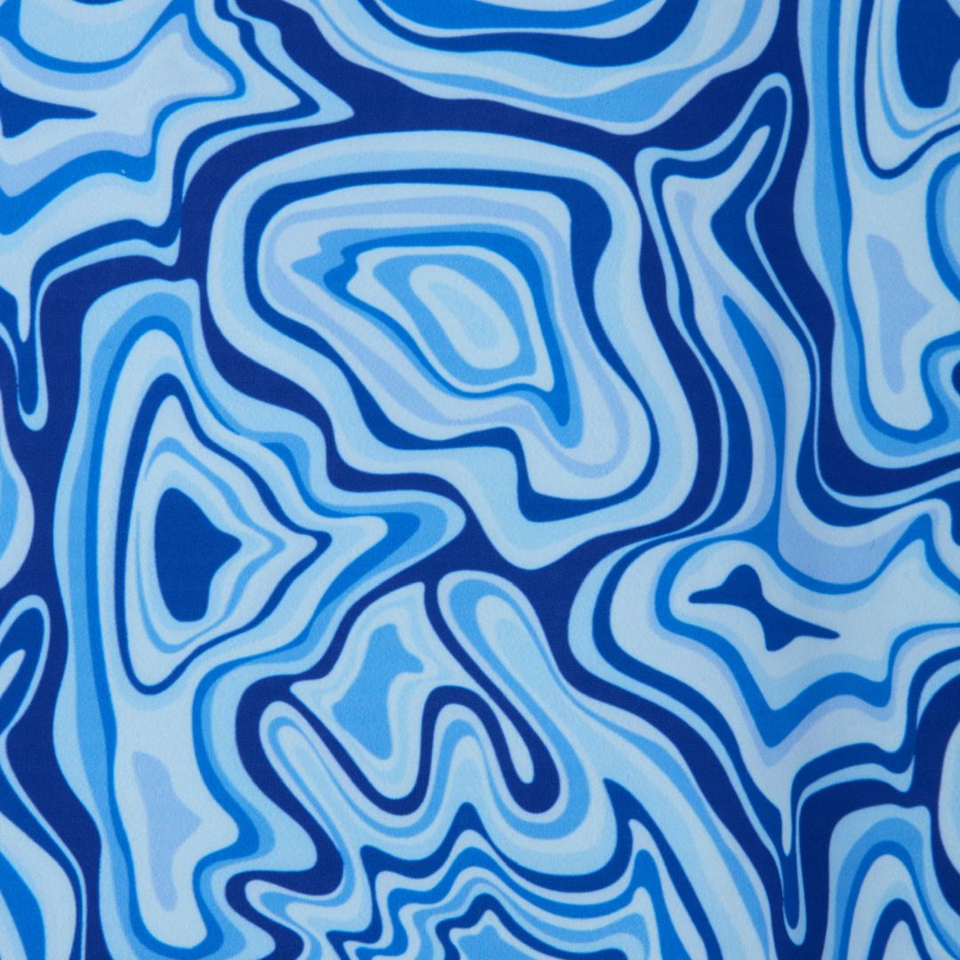 The Lulu Pickleball Tote by Playly Store features an abstract blue and white pattern of swirling concentric shapes, reminiscent of a topographic map—bringing dynamic style and depth to your game gear.