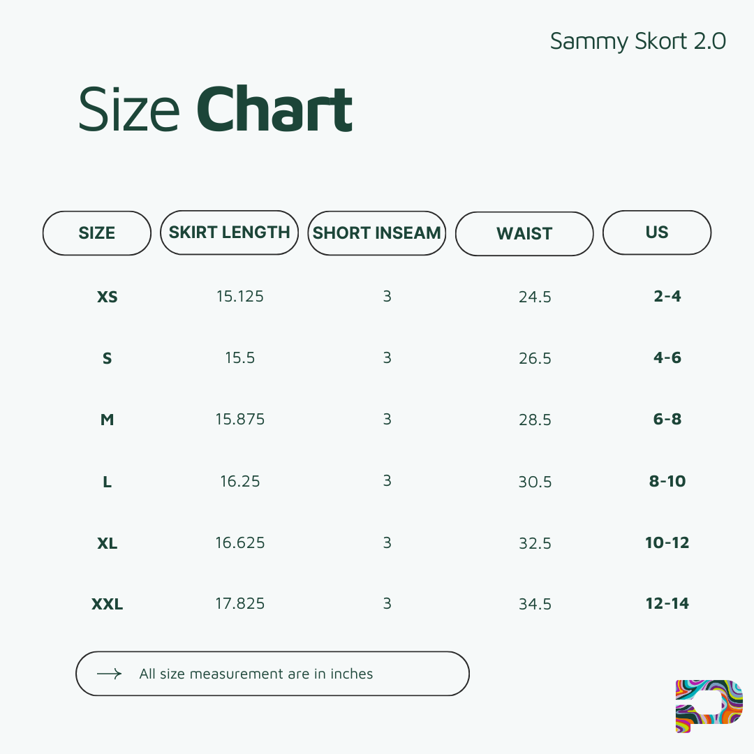 The Playly Store Sammy Skort 2.0 women's size chart (XS-XXL) lists skirt length, short inseam, waist (in inches), and US size—all in inches—with a colorful logo and court-inspired fashion details.