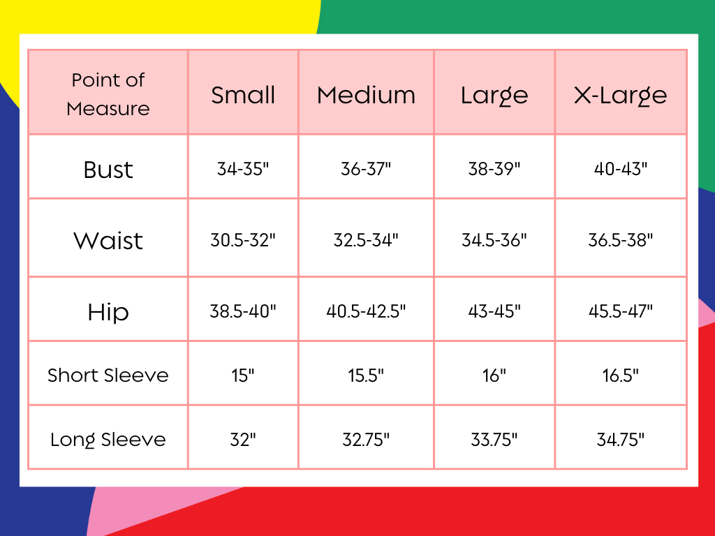 Find your ideal fit for the Pickleball Bella PB 1/4 Zip Long Sleeve Dink 1 with a size chart for S–XL (Bust, Waist, Hip, Short & Long Sleeve). Colorful geometric background and moisture-wicking comfort included.