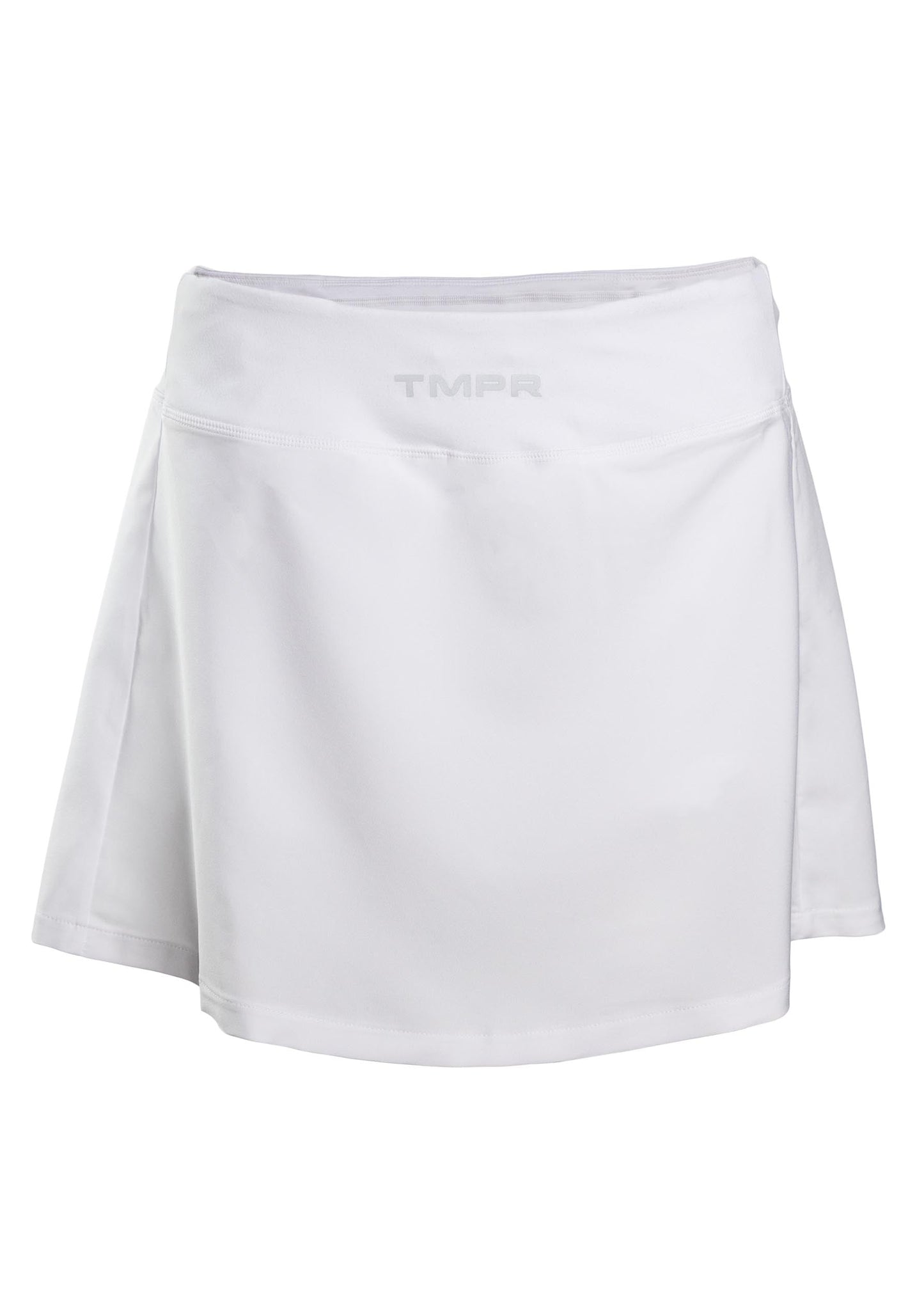 The TMPR Performance Mid-Rise Skort by TMPR Sports is a plain white women’s skort with a subtle logo near the waistband, smooth fabric, and a slightly flared hem. The design is simple with no patterns or embellishments; studio background is white.