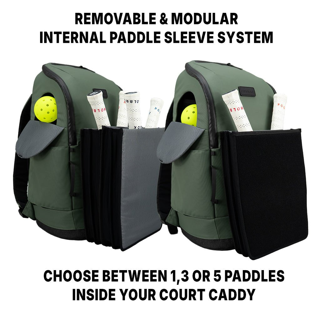 FORWRD's Court Caddy Pickleball Bag comes in green with removable black paddle sleeves—one holds a single paddle, another three. Its modular design and premium materials let you choose your ideal paddle setup. Set includes two bags.