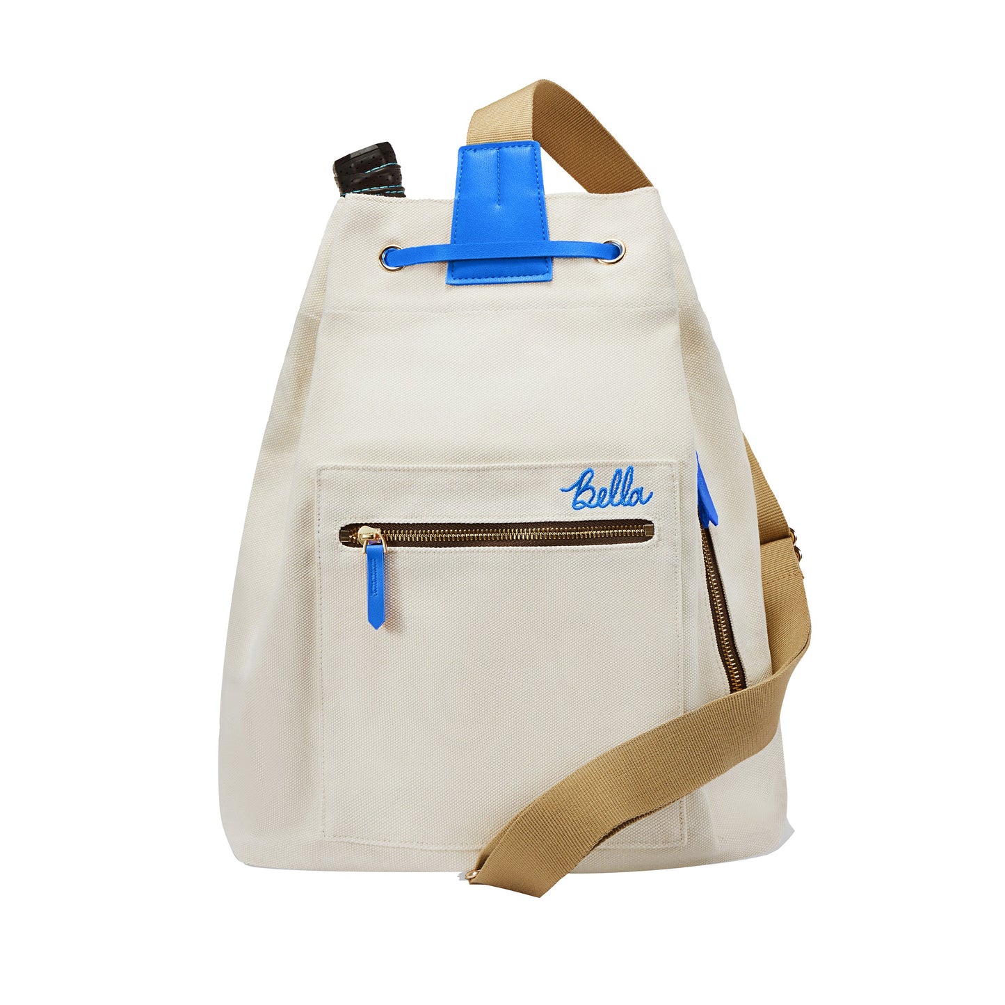 The PB Neon Electric Blue Pickleball Drawstring Bag by Pickleball Bella features blue accents, a tan adjustable strap, front zip pocket, metal grommets, "Bella" embroidered above the pocket, and a blue faux-leather top for stylish pickleball gear storage.