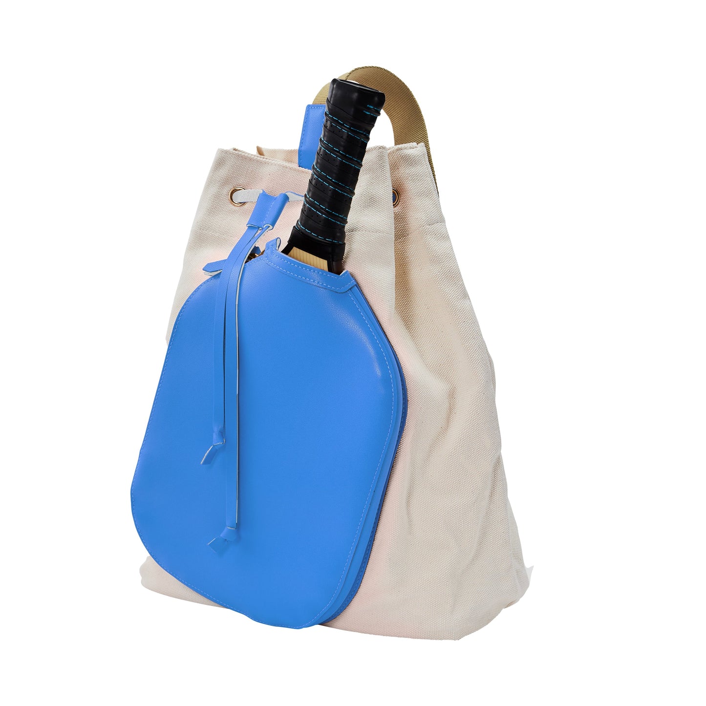 The PB Neon Electric Blue Pickleball Drawstring Bag by Pickleball Bella stands upright against a white background, holding a blue pickleball case with the handle of a black and silver paddle sticking out from the top.