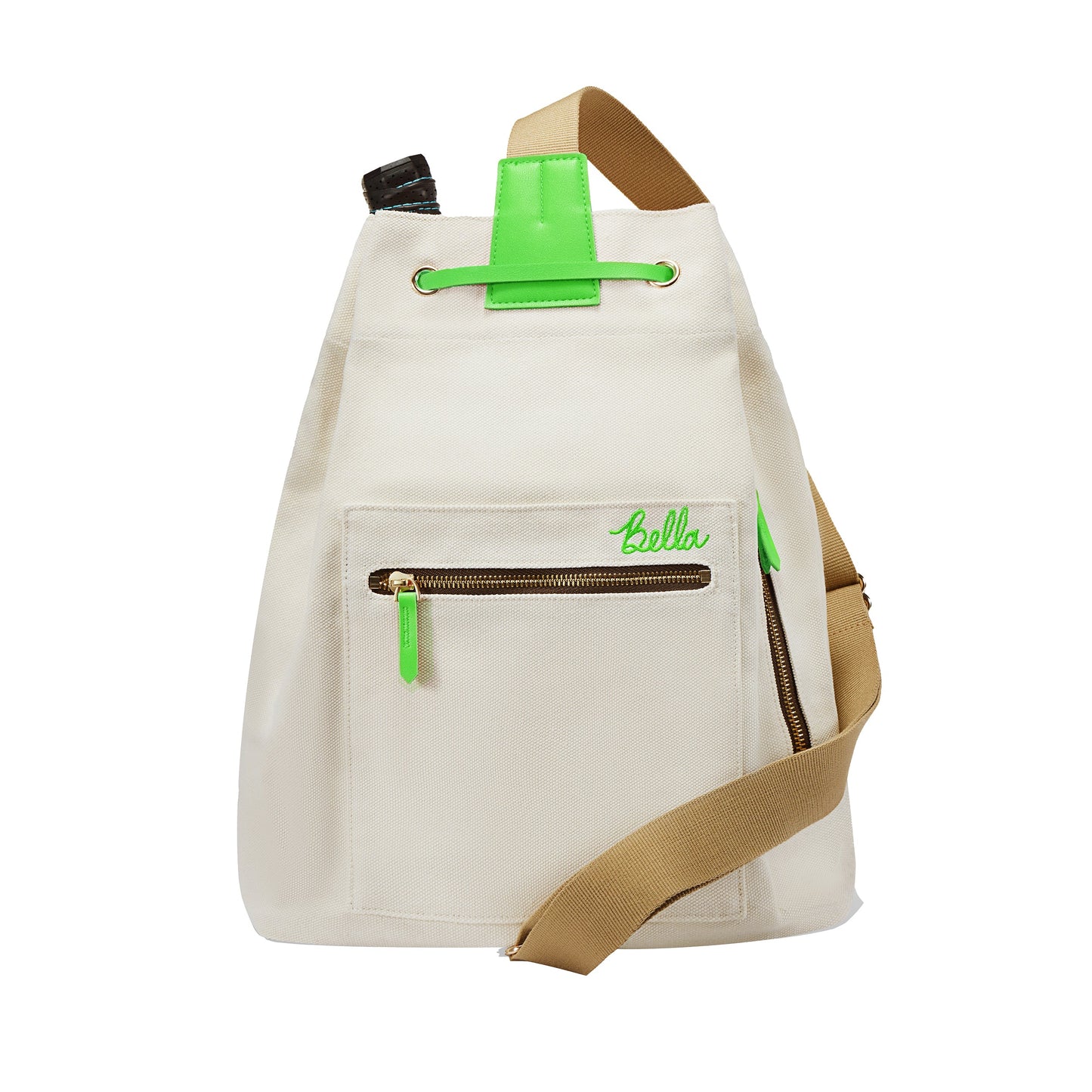The PB Neon Gecko Green Pickleball Drawstring Bag by Pickleball Bella features a beige canvas, brown adjustable strap, front zip pocket with green pull, neon green top accent, "Bella" embroidery in green, and sporty gold eyelets.