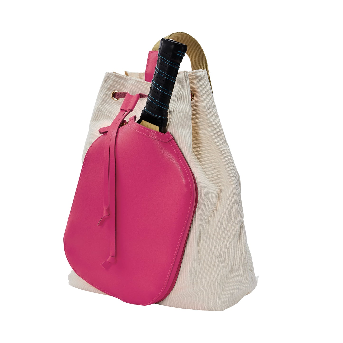 The Pickleball Bella PB Neon Hot Pink Pickleball Drawstring Bag is a white canvas sling bag with beige handles and a bright pink round leather pocket for your paddle, shown here with a paddle’s black grip against a plain white background.
