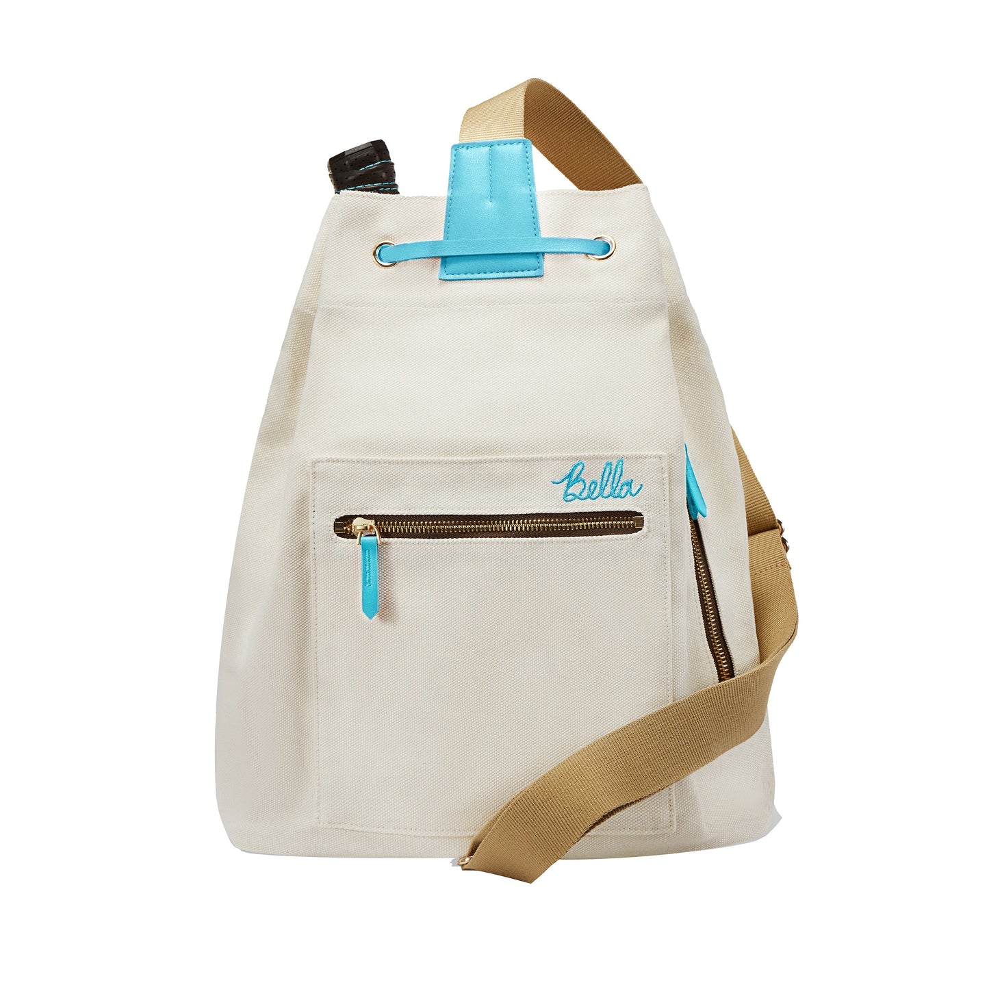 The PB Neon Sky Blue Pickleball Drawstring Bag by Pickleball Bella features a beige canvas body, front zip pocket, blue zipper pull and patch, “Bella” embroidered in blue, tan adjustable straps, silver eyelets, and a bold blue accent—perfect for pickleball.