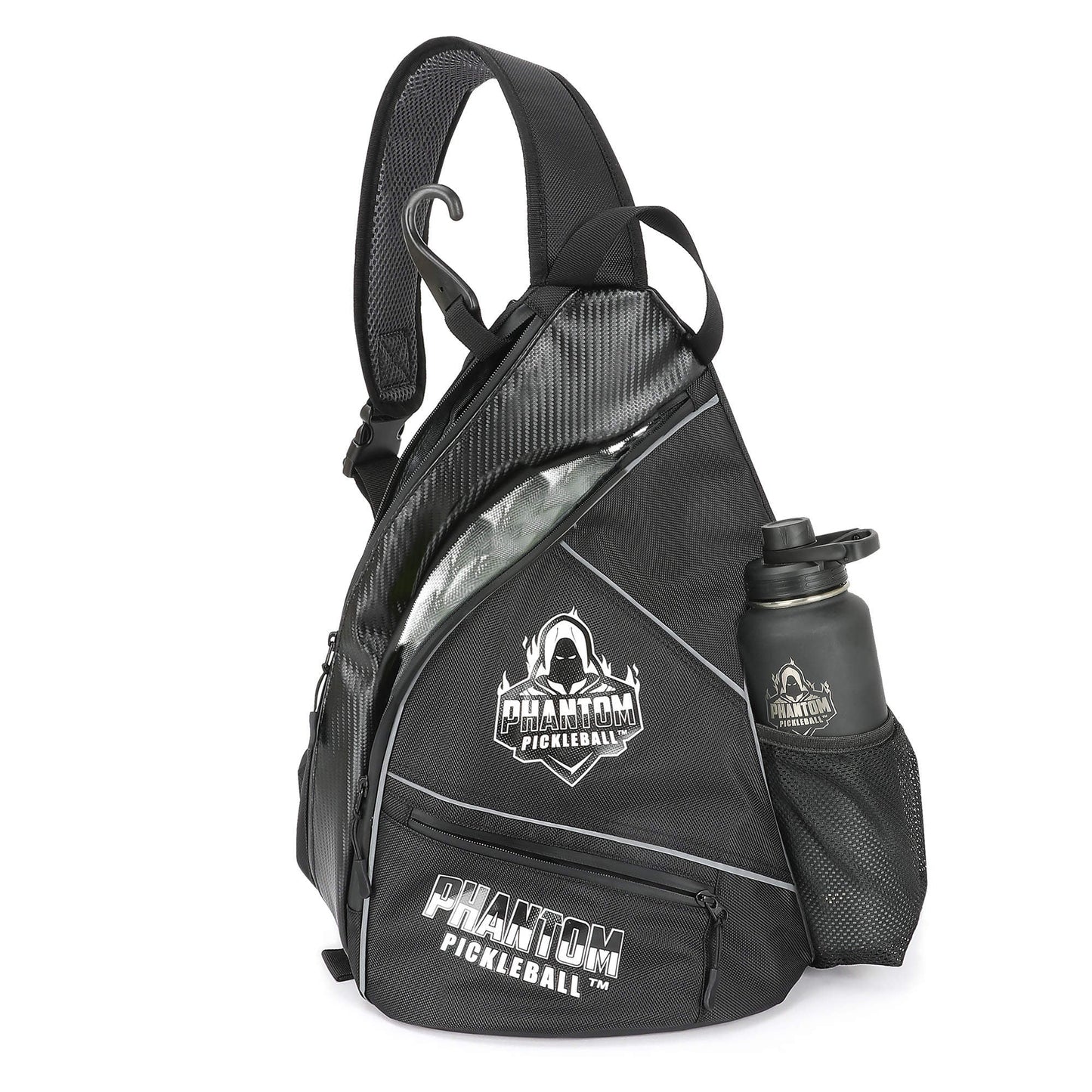 The Phantom Pickleball Sling Bag by Phantom Pickleball features multiple zippered compartments for gear, a mesh side pocket for your water bottle, adjustable strap, and the signature hooded figure logo on the front and bottle holder.