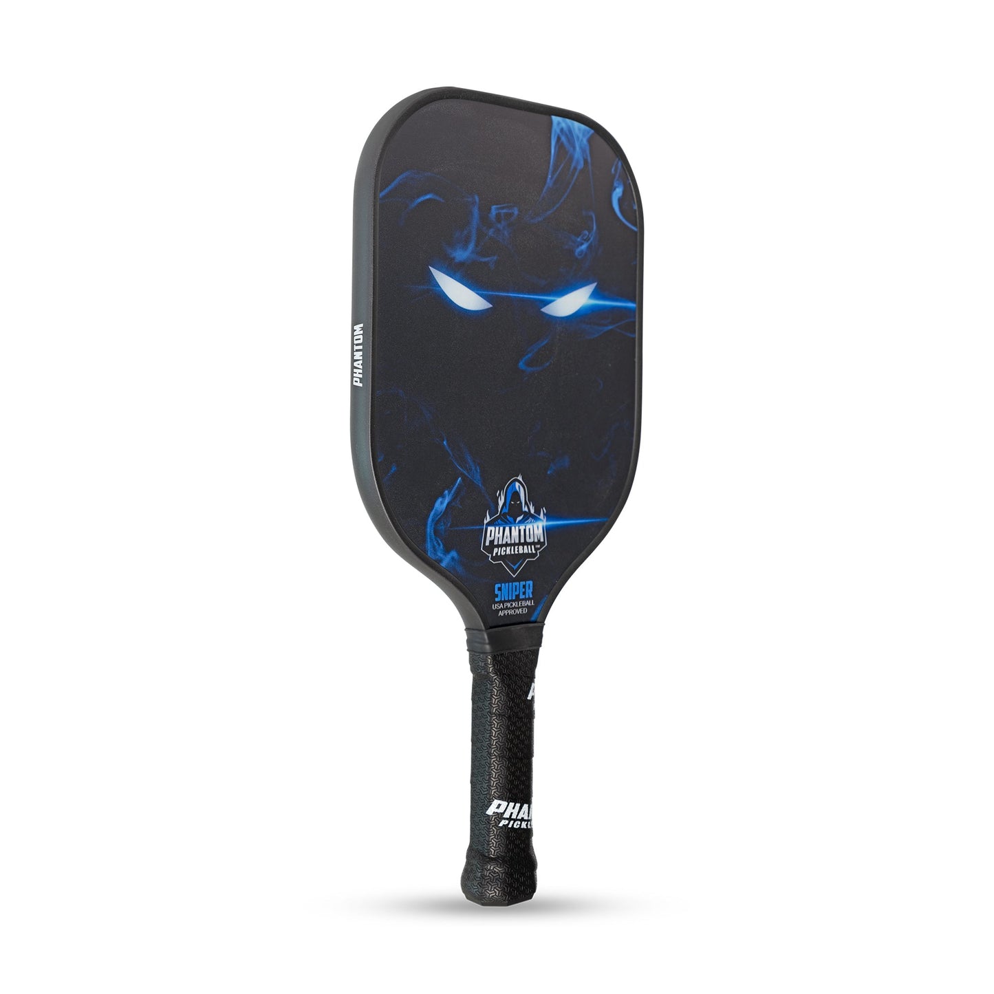 The PHANTOM SNIPER 13MM T800 Carbon Fiber Pickleball Pro Paddle by Phantom Pickleball displays blue, glowing eyes and smoky blue accents on black, with a textured grip and “SNIPER” branding, shown on a white background. Cover included.
