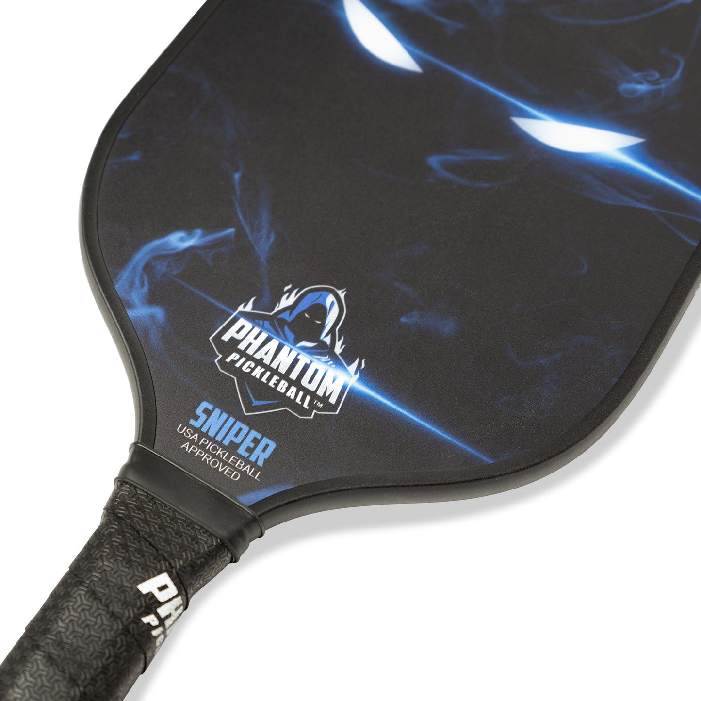 Close-up of the PHANTOM SNIPER 13MM T800 Carbon Fiber Pickleball Pro Paddle by Phantom Pickleball, featuring an elongated shape, glowing blue eyes in a smoky design, and “SNIPER USA PICKLEBALL APPROVED” printed beneath the logo.