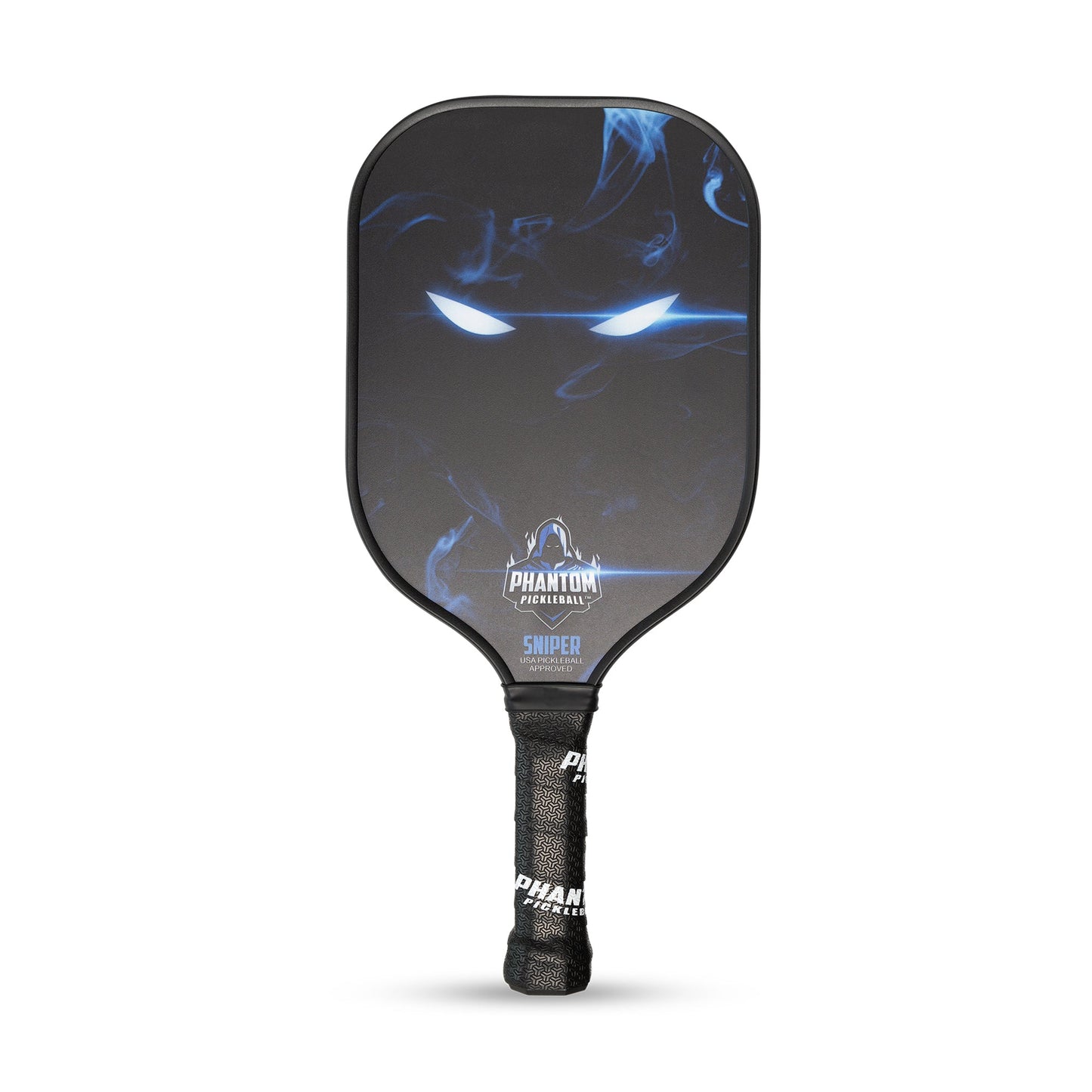 The PHANTOM SNIPER 13MM T800 Carbon Fiber Pickleball Pro Paddle by Phantom Pickleball features a black design with glowing blue eyes, wisps of blue smoke, PHANTOM branding, and SNIPER text near the base. Cover included.