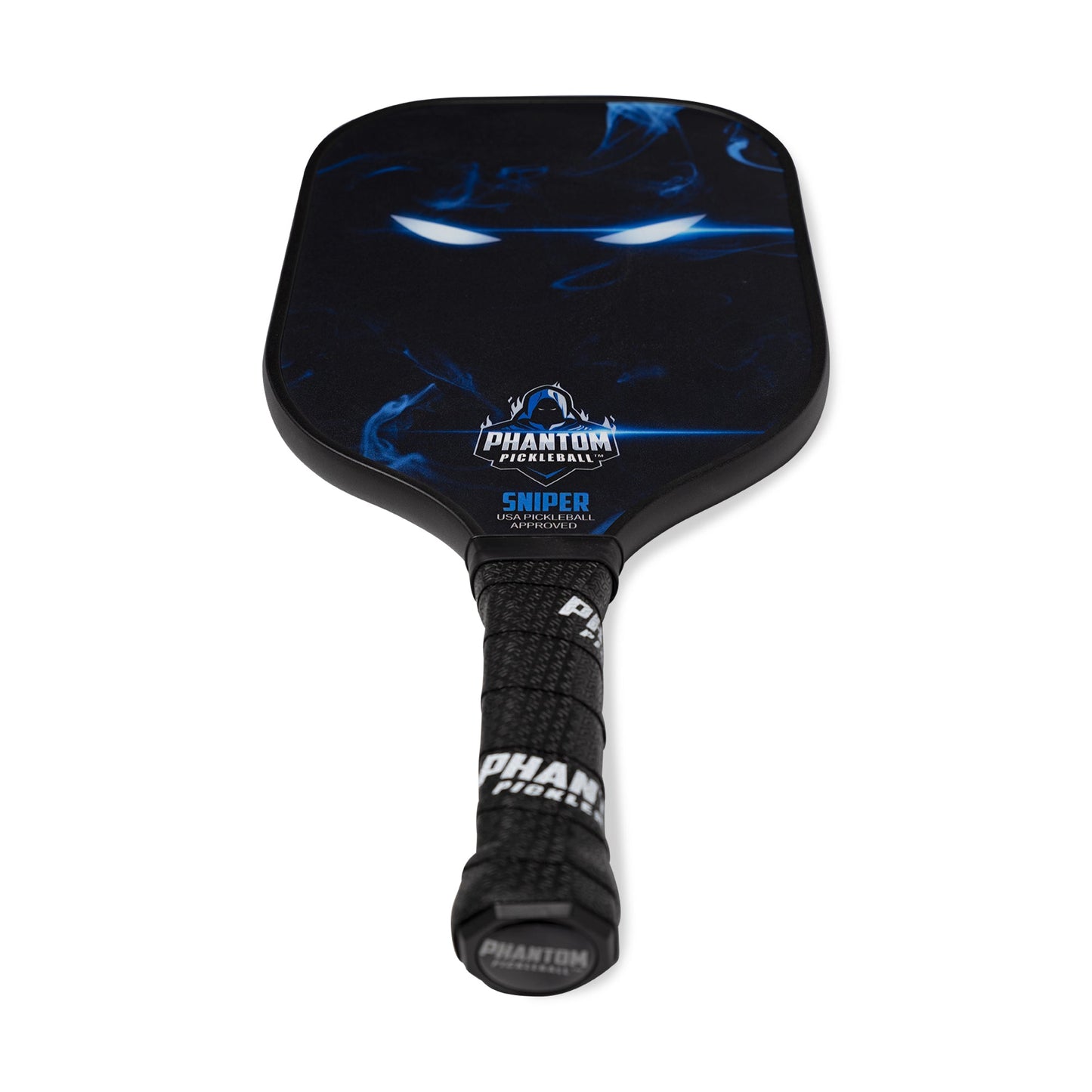 The PHANTOM SNIPER 13MM T800 Carbon Fiber Pickleball Pro Paddle by Phantom Pickleball features an elongated black design with a textured grip, blue smoky graphics, glowing blue eyes, and comes with a cover—shown on a white background.