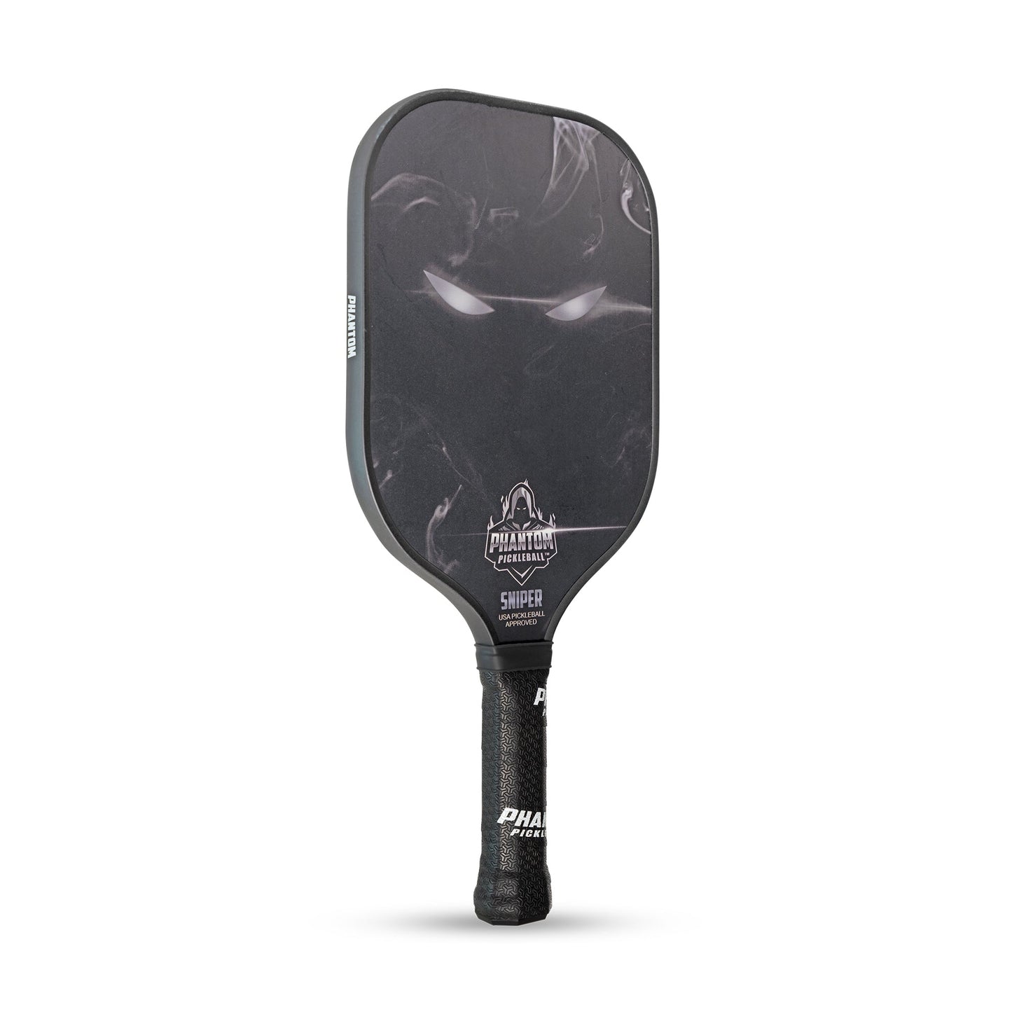 The Phantom Pickleball PHANTOM SNIPER 13MM T800 Carbon Fiber Pro Paddle features a black, elongated matte design with ghostly white eyes, smoke details, and "Sniper" branding. Includes a textured "Phantom" grip and paddle cover.