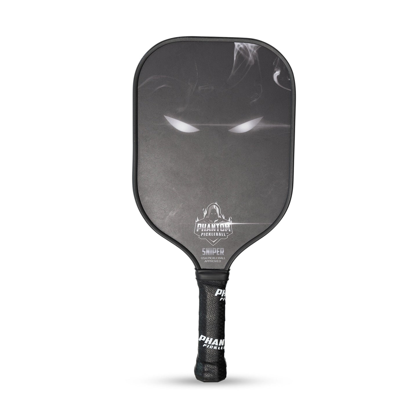 The PHANTOM SNIPER 13MM T800 Carbon Fiber Pickleball Pro Paddle by Phantom Pickleball features a matte black, elongated design with glowing eyes, smoke accents, and logos. It includes a black grip with white branding and comes with a cover.