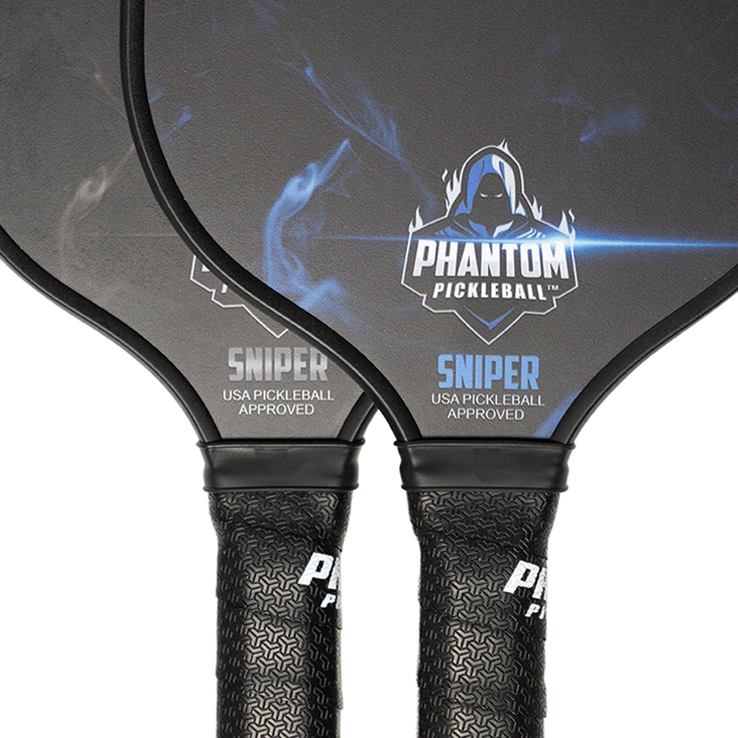 Close-up of two Phantom Pickleball PHANTOM SNIPER 13MM T800 Carbon Fiber Pro Paddles, featuring black textured grips and a blue-and-white hooded figure logo on a dark, smoky background. Paddle includes cover.