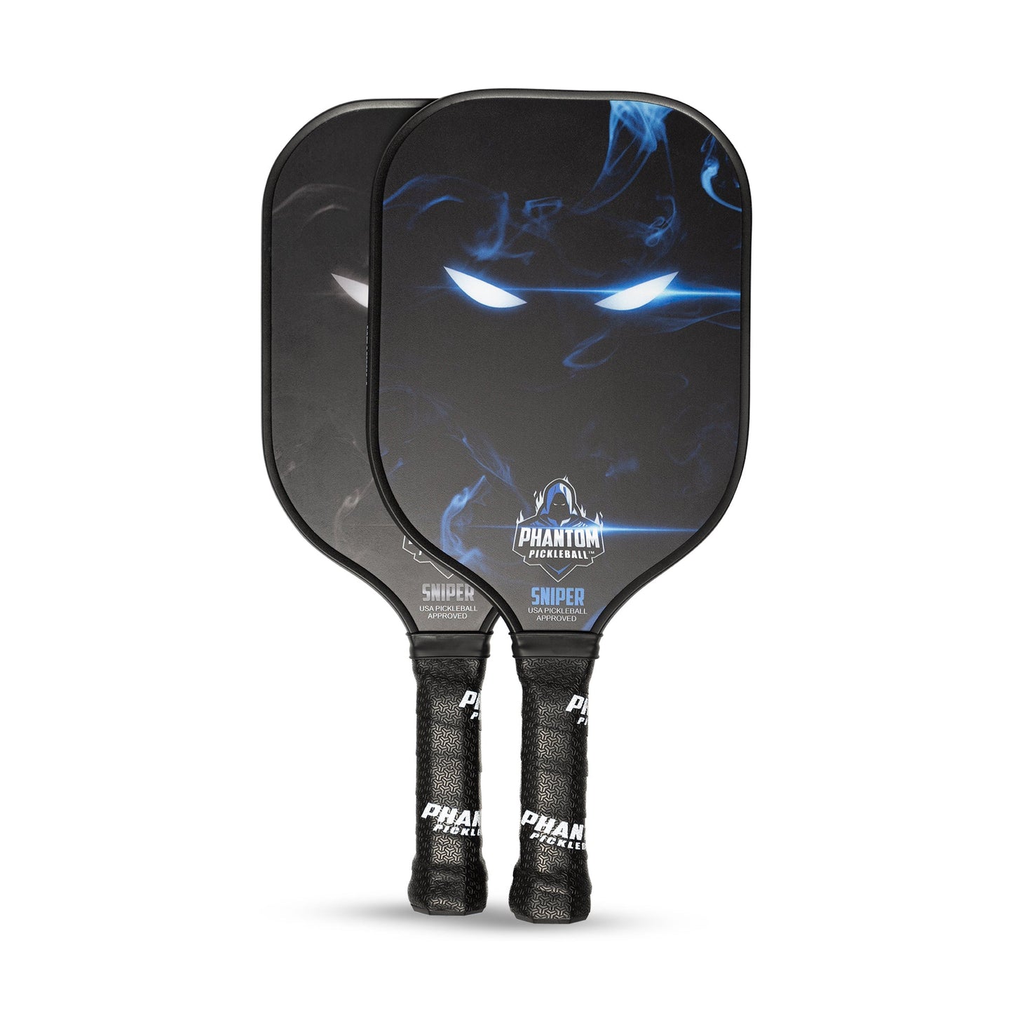 Two PHANTOM SNIPER 13MM T800 Carbon Fiber Pro Paddles by Phantom Pickleball are shown. Each features a dark, misty design with glowing blue eyes, black PHANTOM grip tape, and comes from the Power and Precision Series.