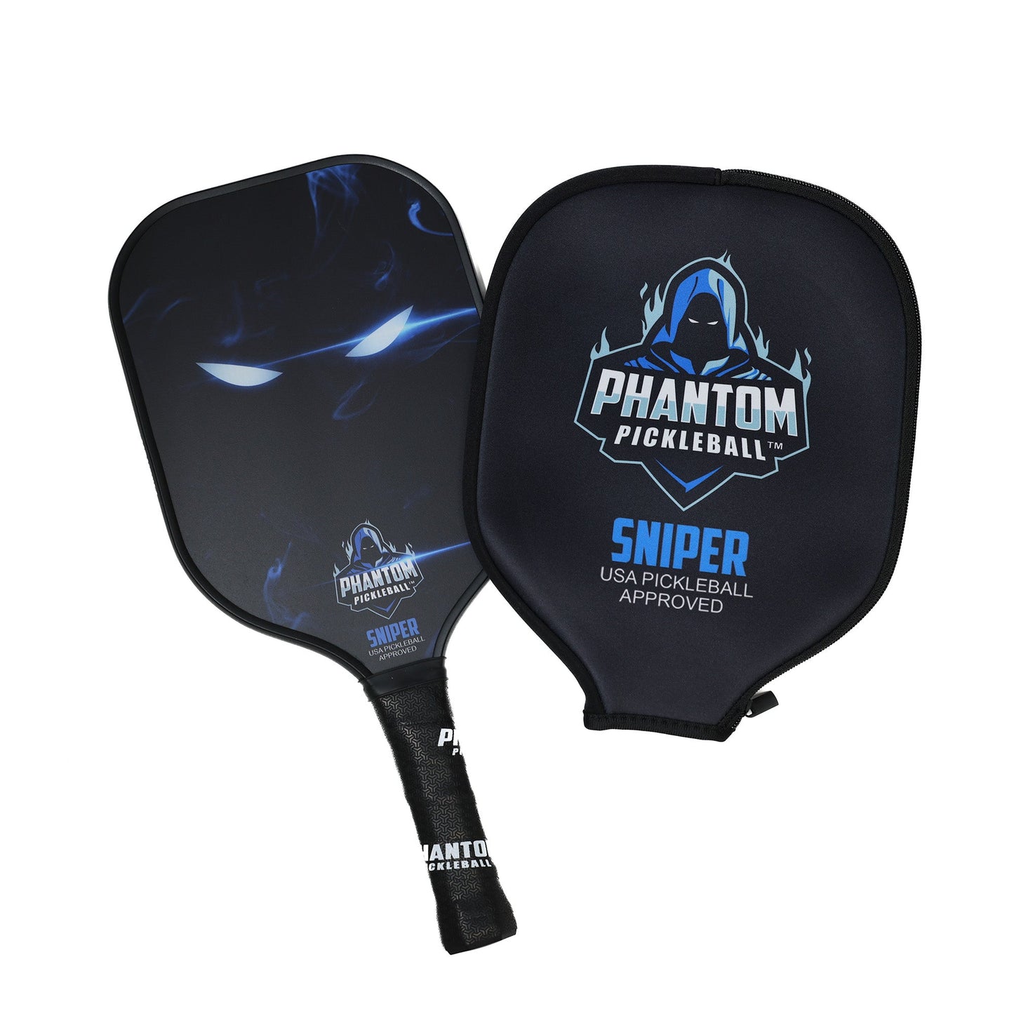 Two PHANTOM SNIPER 13MM T800 Carbon Fiber Pickleball Pro Paddles by Phantom Pickleball are shown, each with a blue, hooded figure design, matching cover, USA Pickleball Approved status, and bold Phantom Pickleball branding.