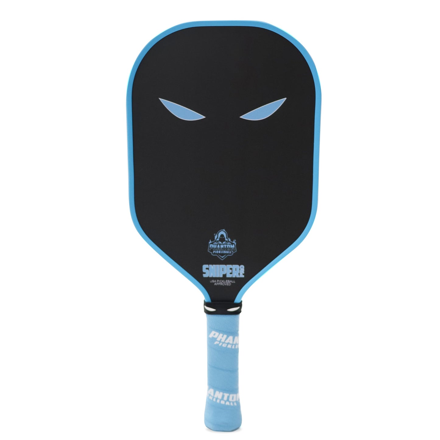 The Phantom Pickleball PHANTOM SNIPER PRO 12MM T700 raw carbon paddle features a black face, blue border and angular blue “eyes.” Its handle has light blue PHANTOM grip tape. Part of the Advanced Response Series, it delivers precision play.